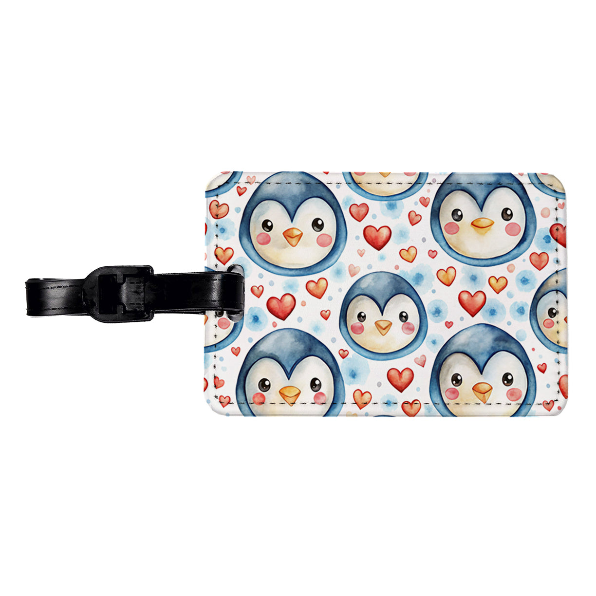 Cute Penguin Faces Hearts Watercolor Travel Faux Leather Luggage Tag