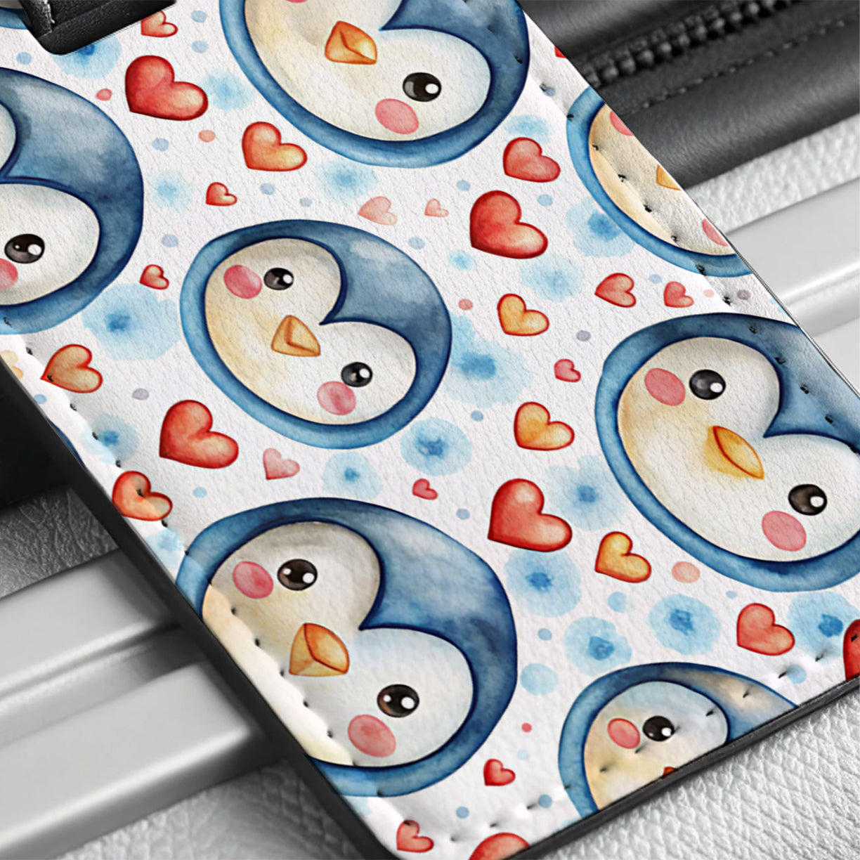 Cute Penguin Faces Hearts Watercolor Travel Faux Leather Luggage Tag