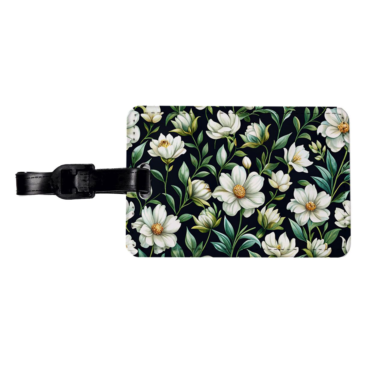 White Flowers Black Background Travel Faux Leather Luggage Tag