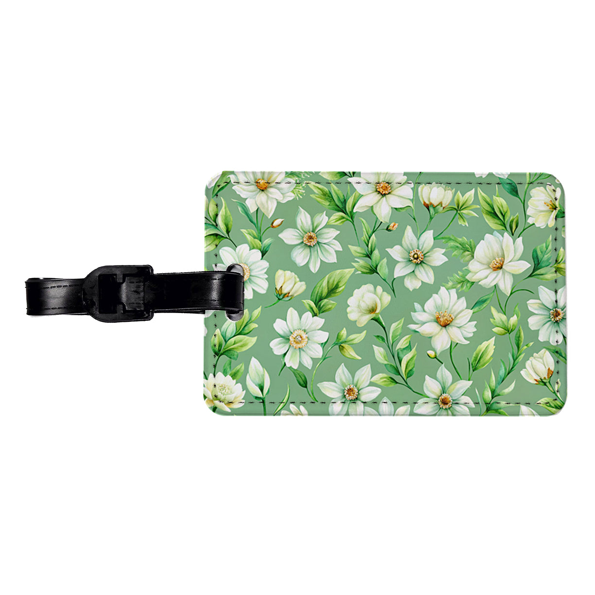 White Flowers Green Background Travel Faux Leather Luggage Tag