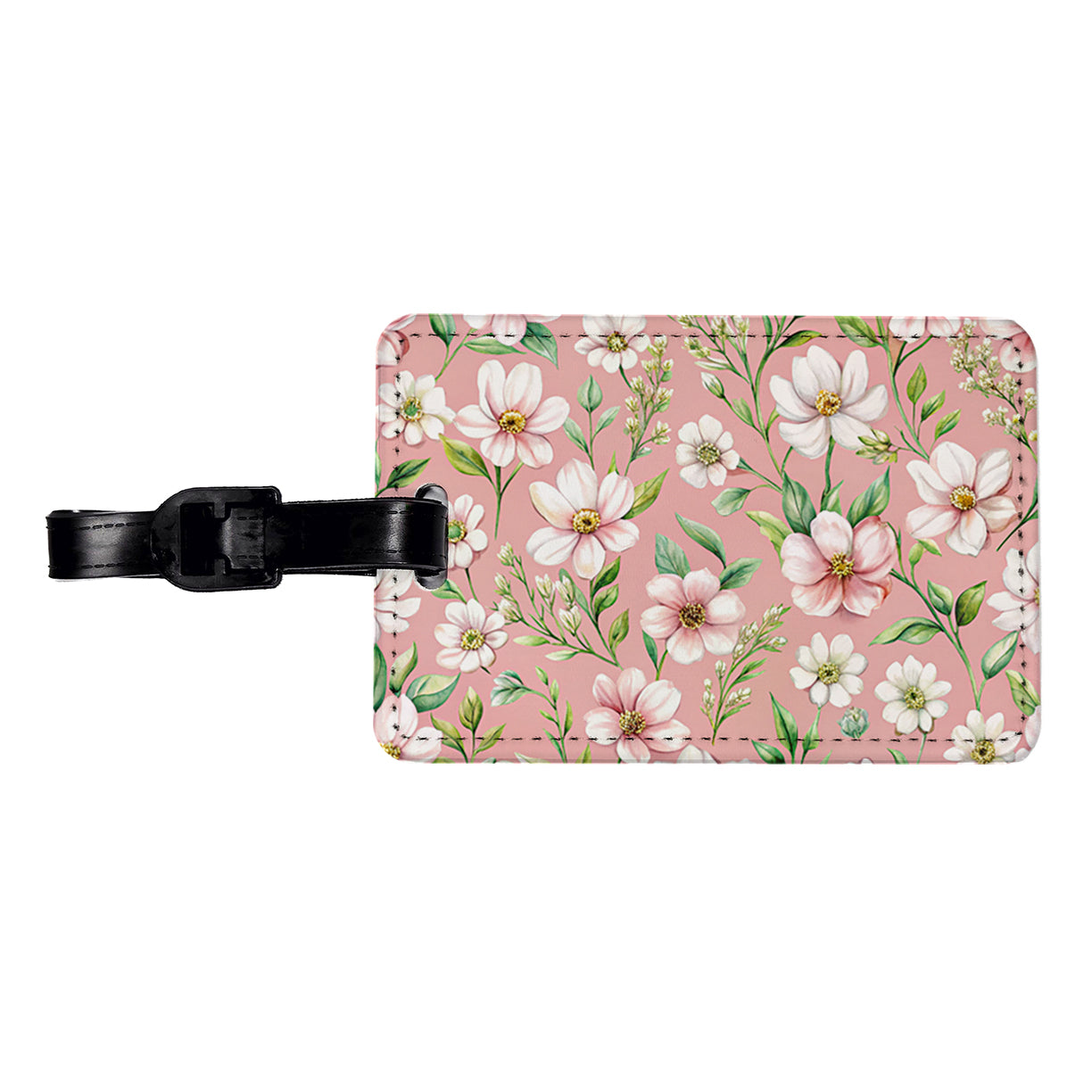 White Flowers Pink Background Travel Faux Leather Luggage Tag