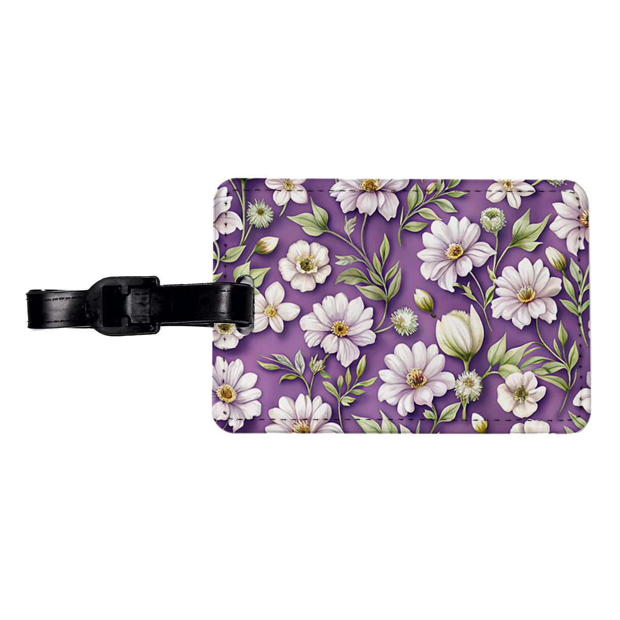 White Flowers Purple Background Travel Faux Leather Luggage Tag