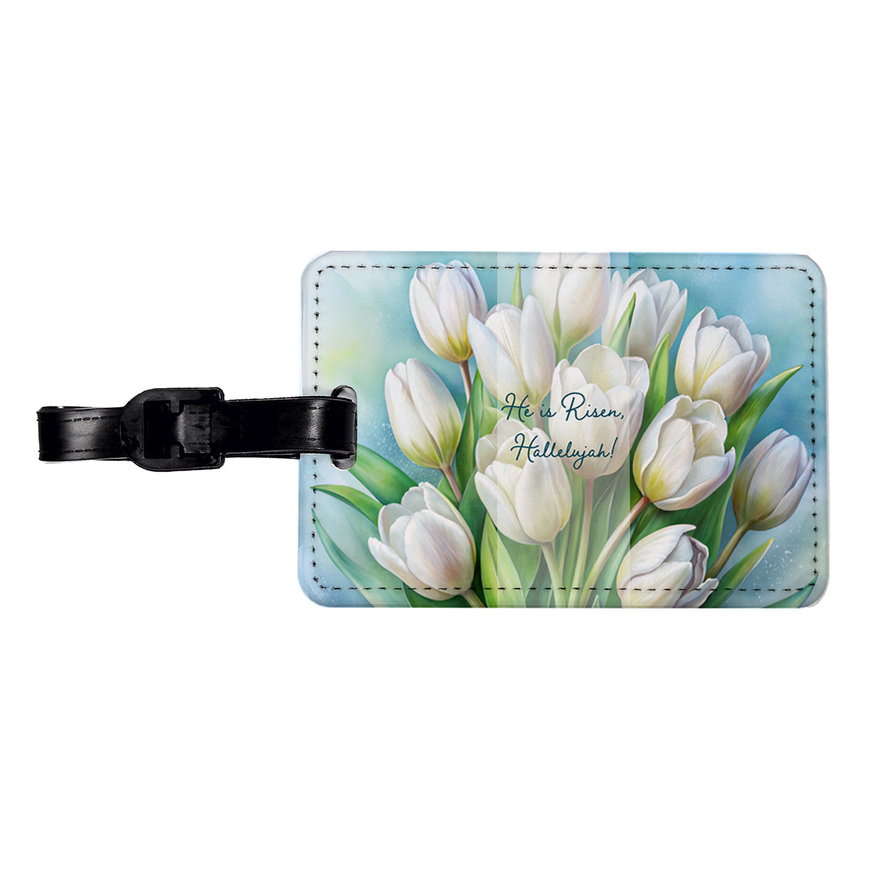 He Is Risen Hallelujah Easter Christian White Tulips Flowers Travel Faux Leather Luggage Tag