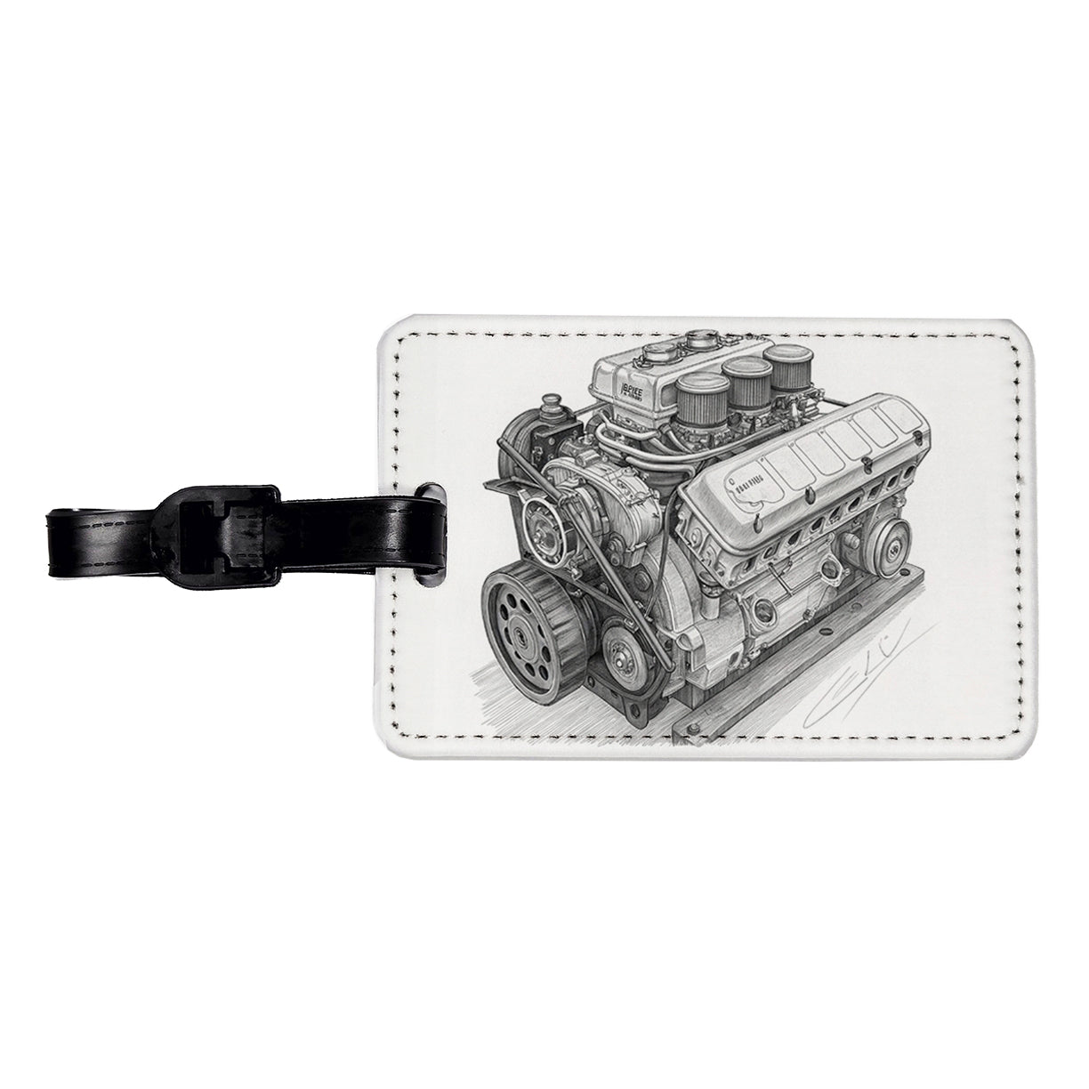 V8 Car Engine Sketch Travel Faux Leather Luggage Tag