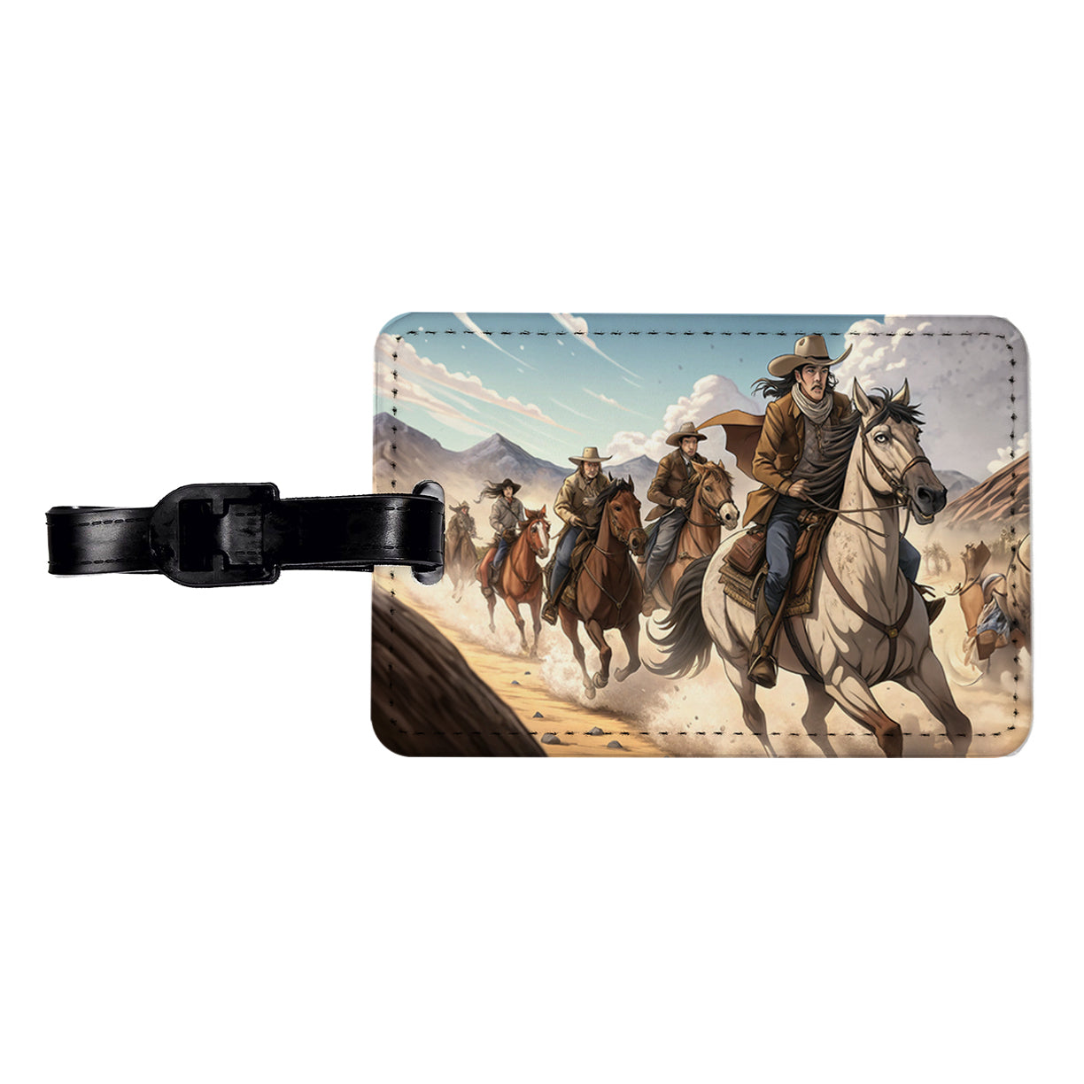 Bandits Riding Hard Old West Cowboys Western Travel Faux Leather Luggage Tag