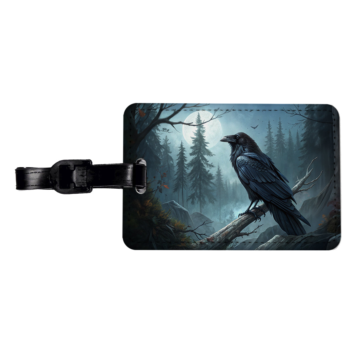 Black Raven at Night Under a Full Moon Travel Faux Leather Luggage Tag