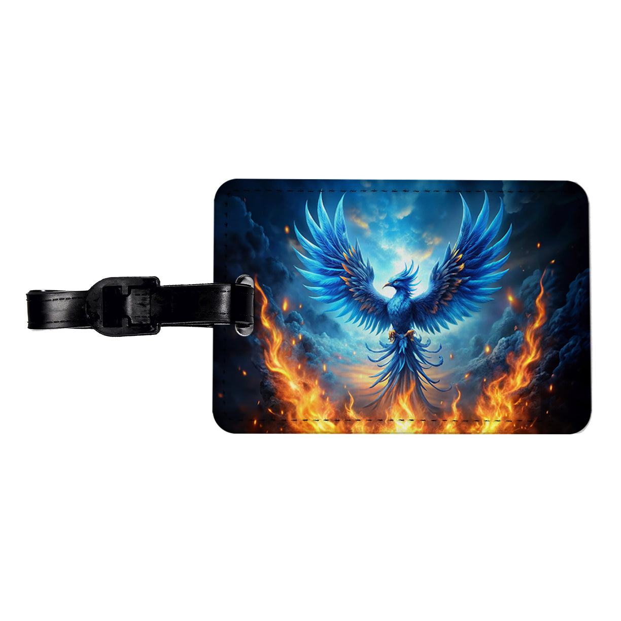 Blue Flaming Phoenix Rising From Ashes Fantasy Bird Travel Faux Leather Luggage Tag