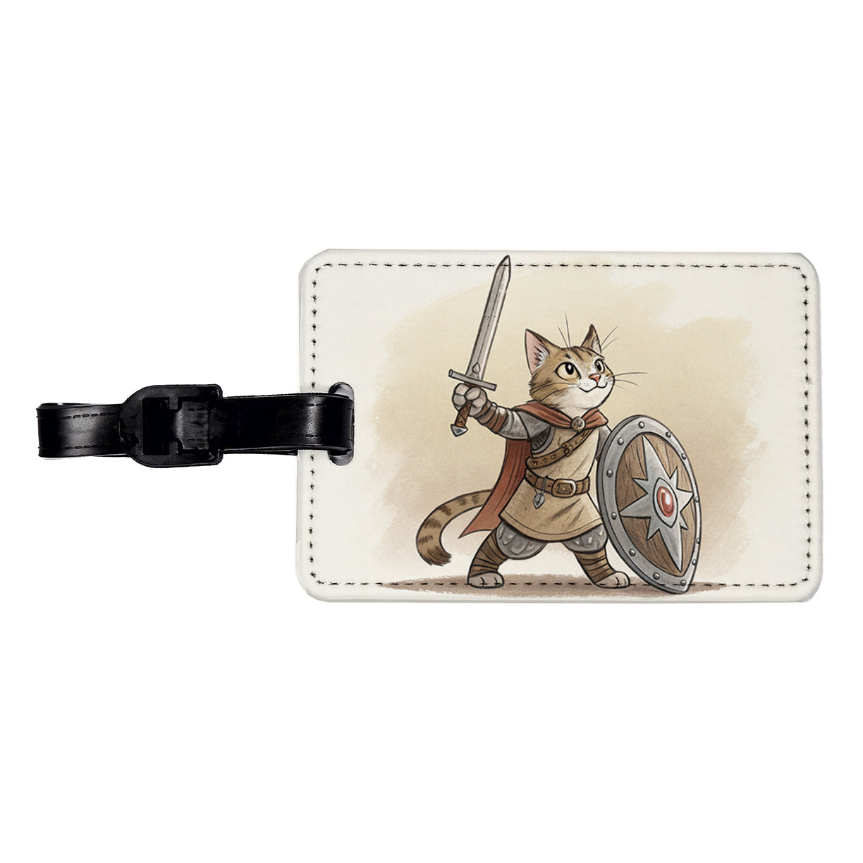 Cat With Sword And Shield Fantasy Medieval Cartoon Travel Faux Leather Luggage Tag