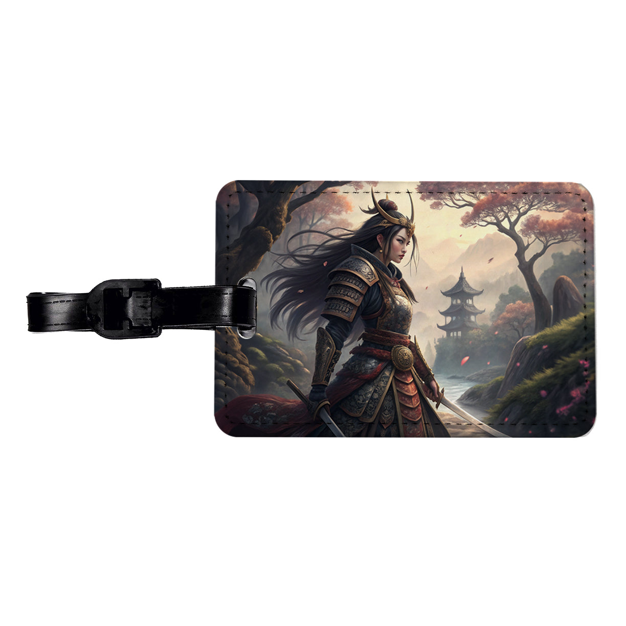 Classic Japanese Anime Style Fantasy Warrior Woman Travel Faux Leather Luggage Tag