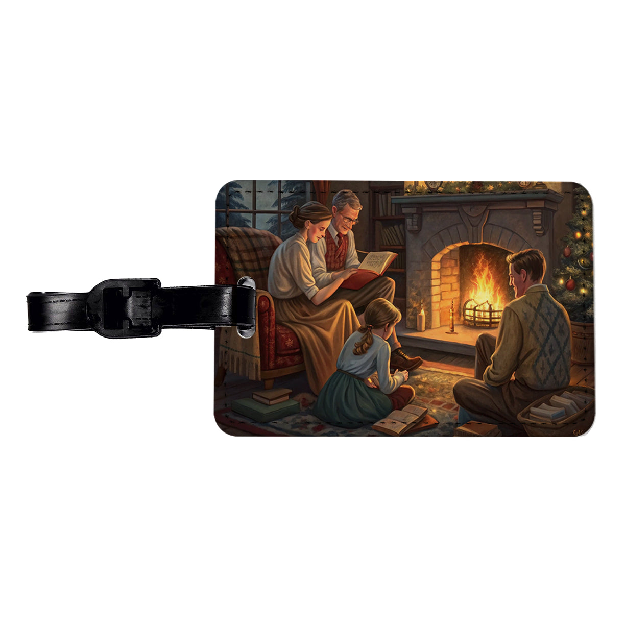 Reading by the Fireplace Americana Travel Faux Leather Luggage Tag
