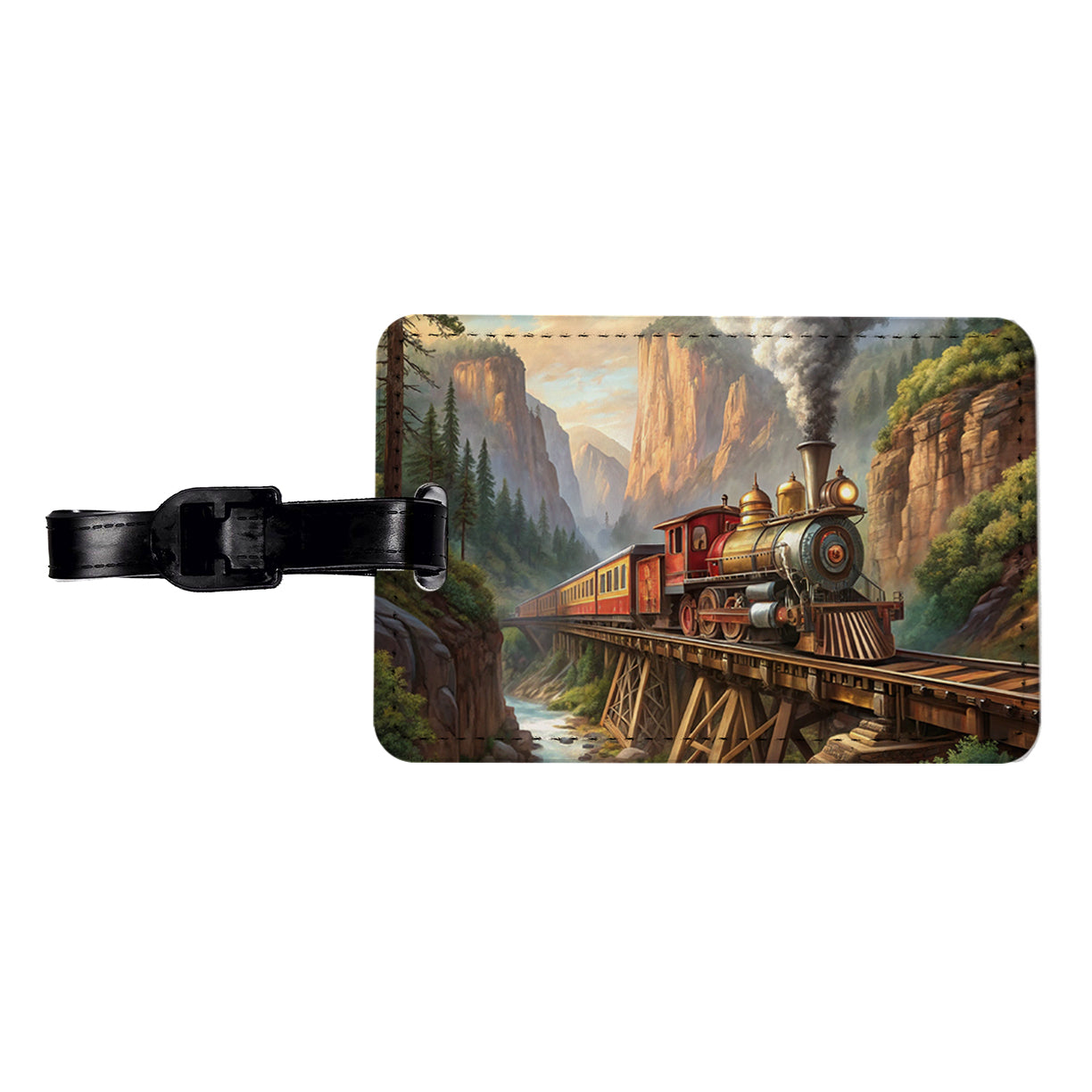 Steam Locomotive Crossing Gorge Old West Western Travel Faux Leather Luggage Tag