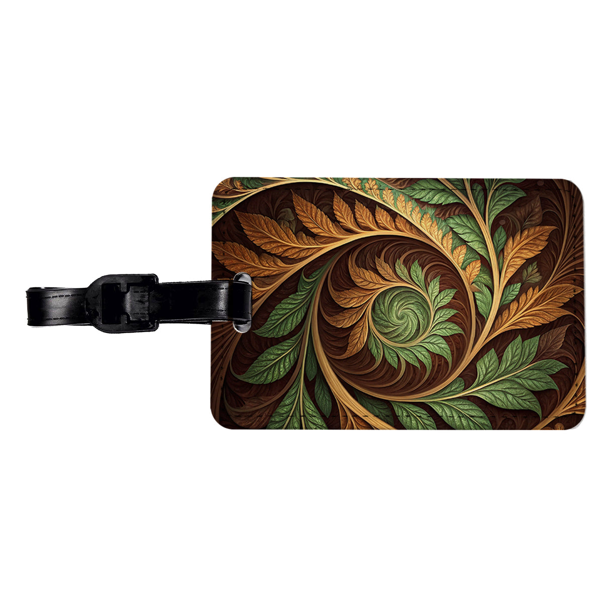 Abstract Brown Green Leaves Swirl Travel Faux Leather Luggage Tag