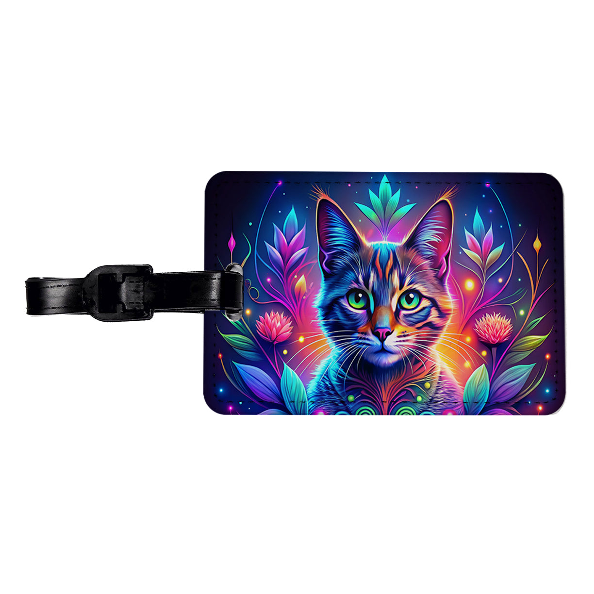 Abstract Neon Cat And Floral Design Travel Faux Leather Luggage Tag