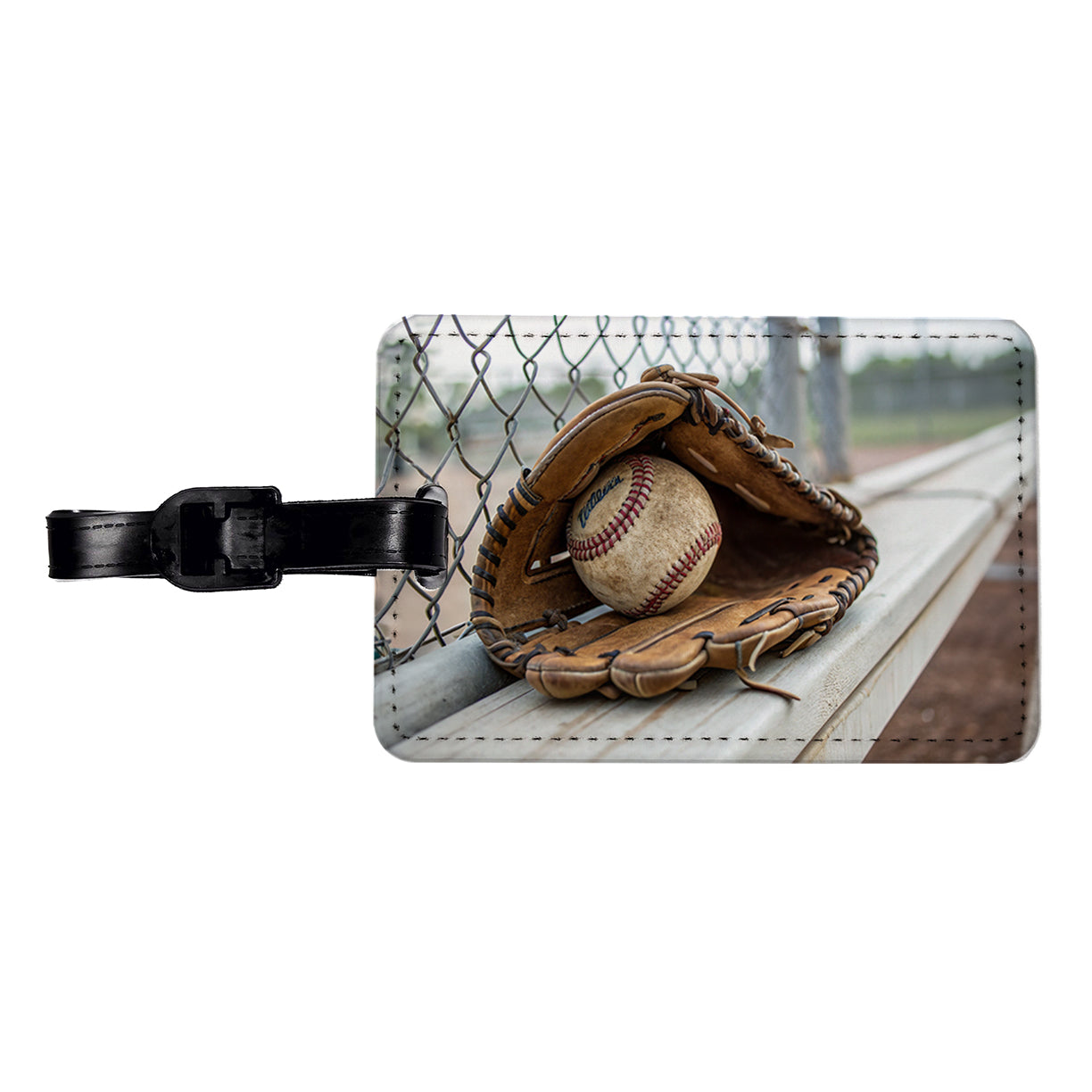 Baseball Glove With Baseball on Dugout Bench Travel Faux Leather Luggage Tag
