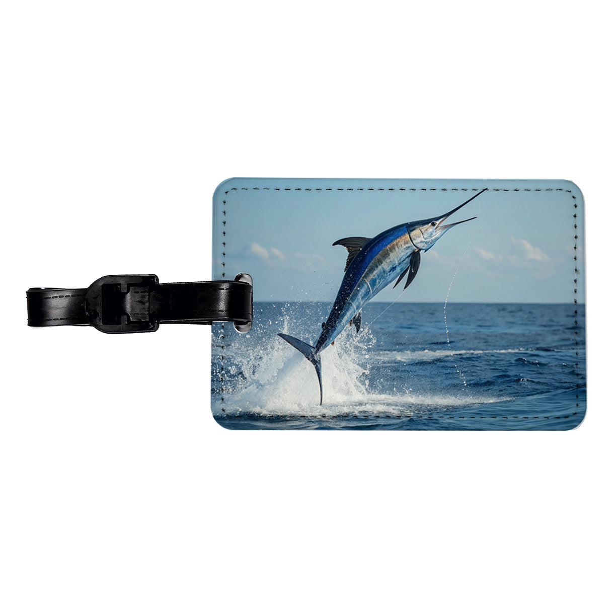 Blue Marlin Fish Leaping Out Of Water Travel Faux Leather Luggage Tag