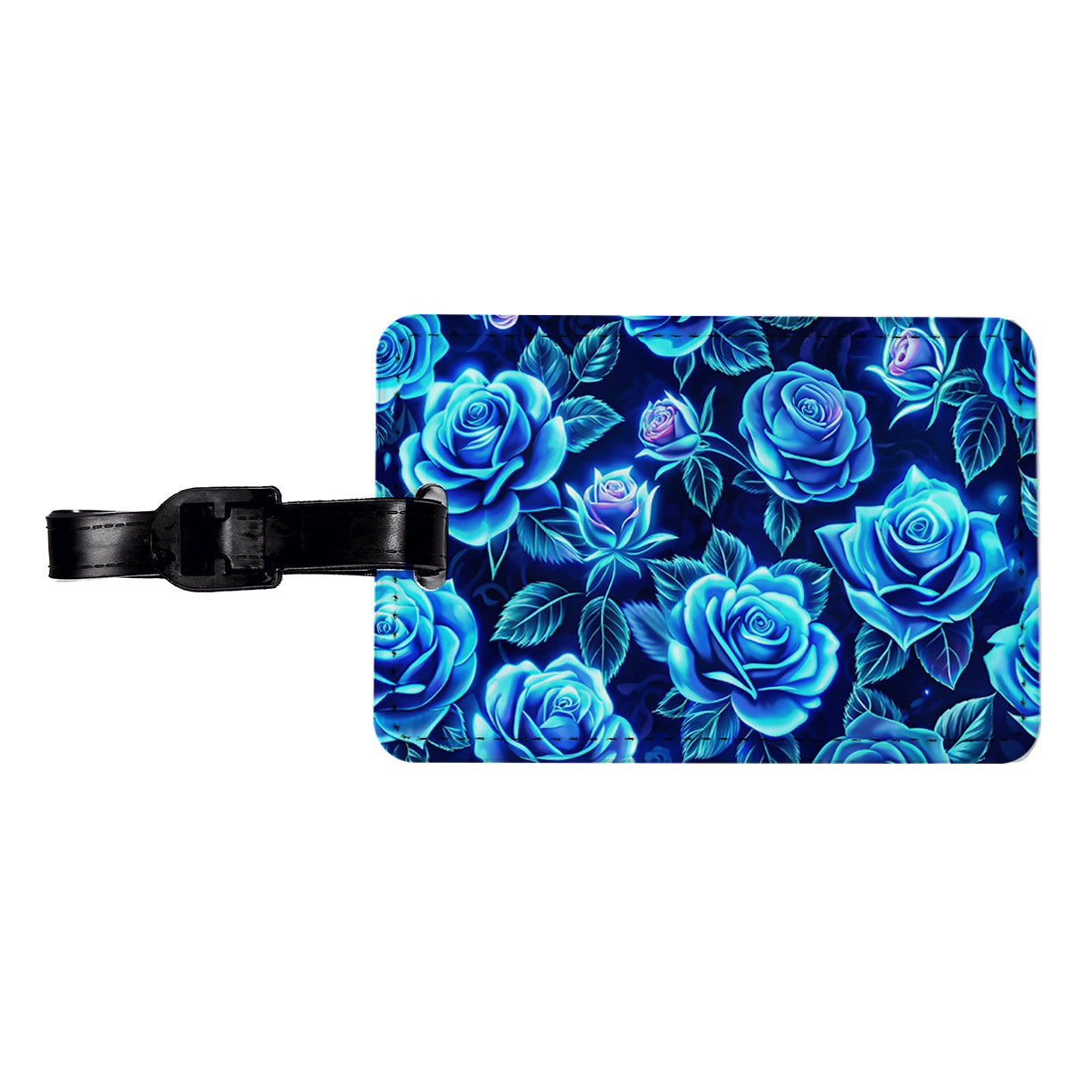 Blue Neon Rose Floral Pattern Travel Faux Leather Luggage Tag