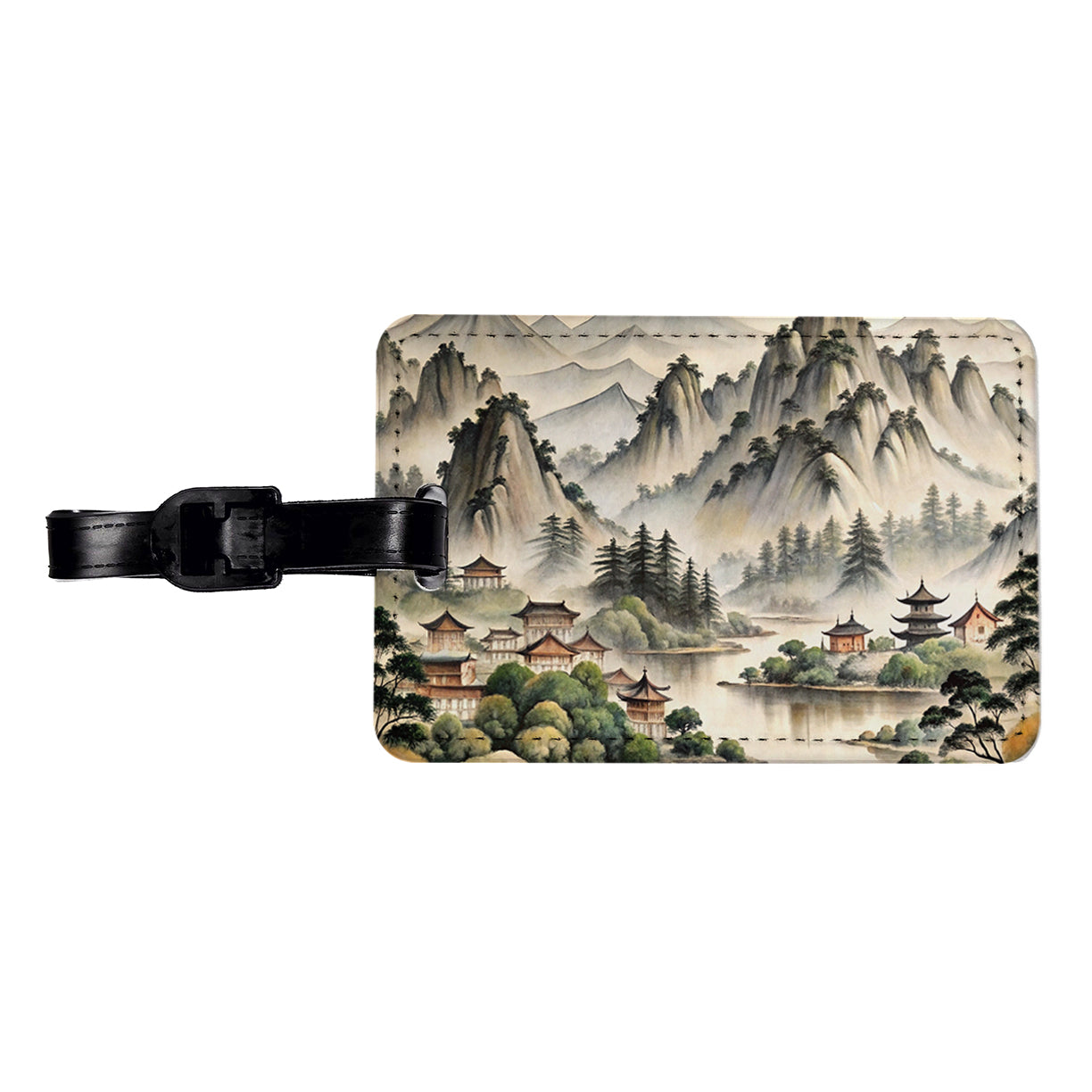 Japanese Style Ink Painting Lake and Mountains Landscape Travel Faux Leather Luggage Tag