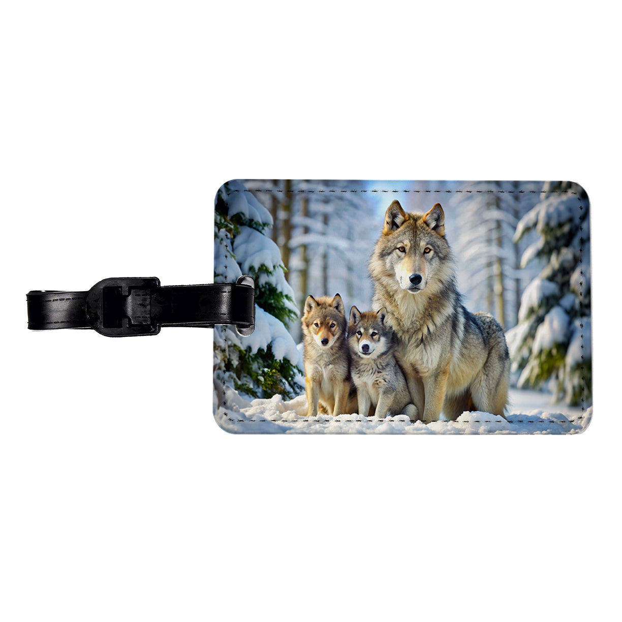 Mother Wolf And Pups In Winter Travel Faux Leather Luggage Tag