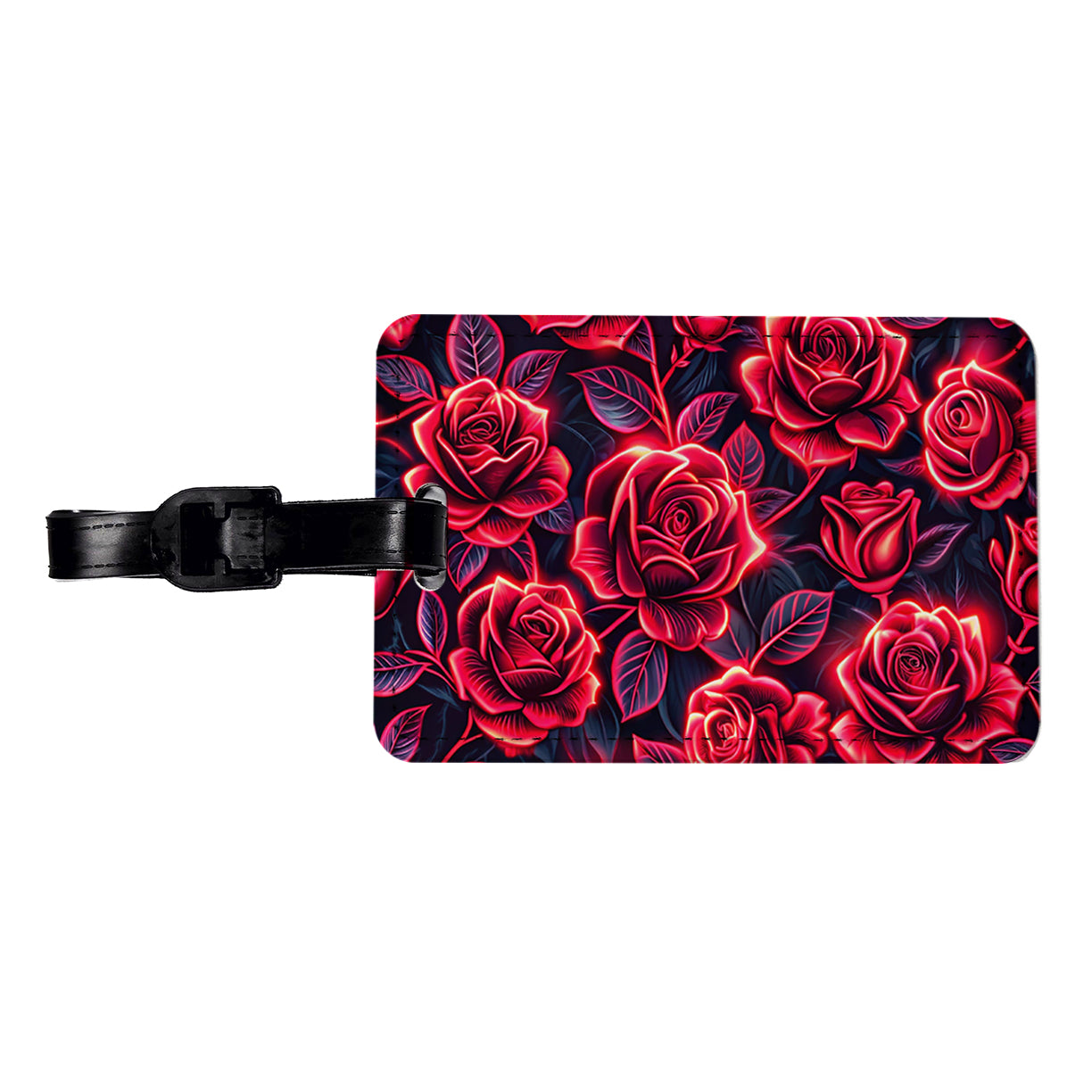 Neon Red Rose Floral Pattern Travel Faux Leather Luggage Tag