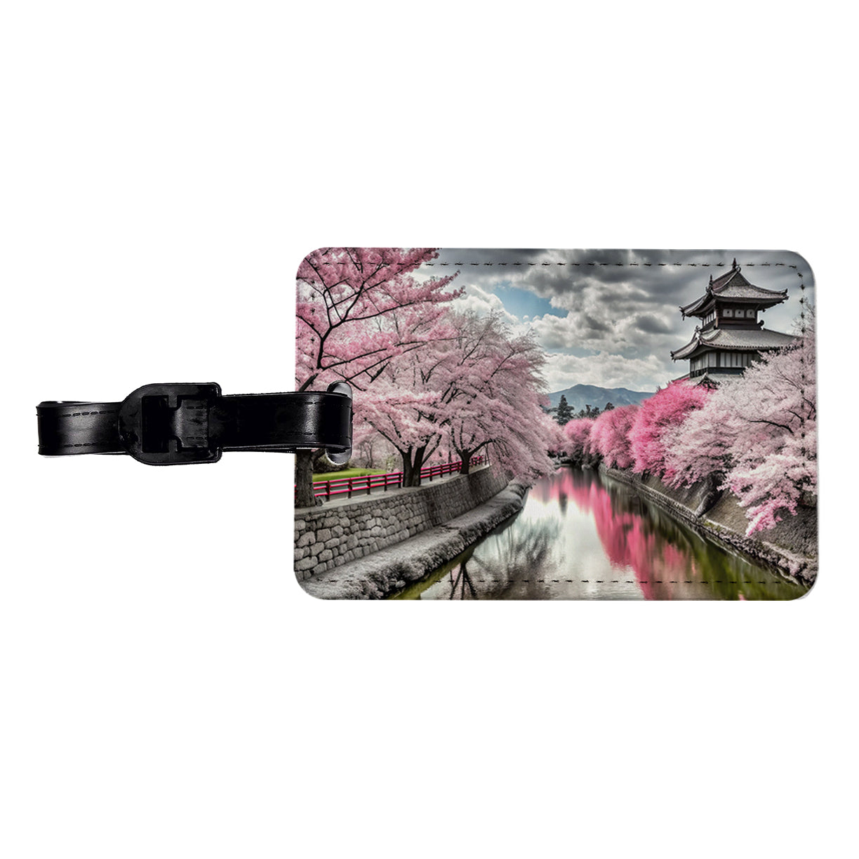 Sakura Trees Along River Japanese Scene Travel Faux Leather Luggage Tag