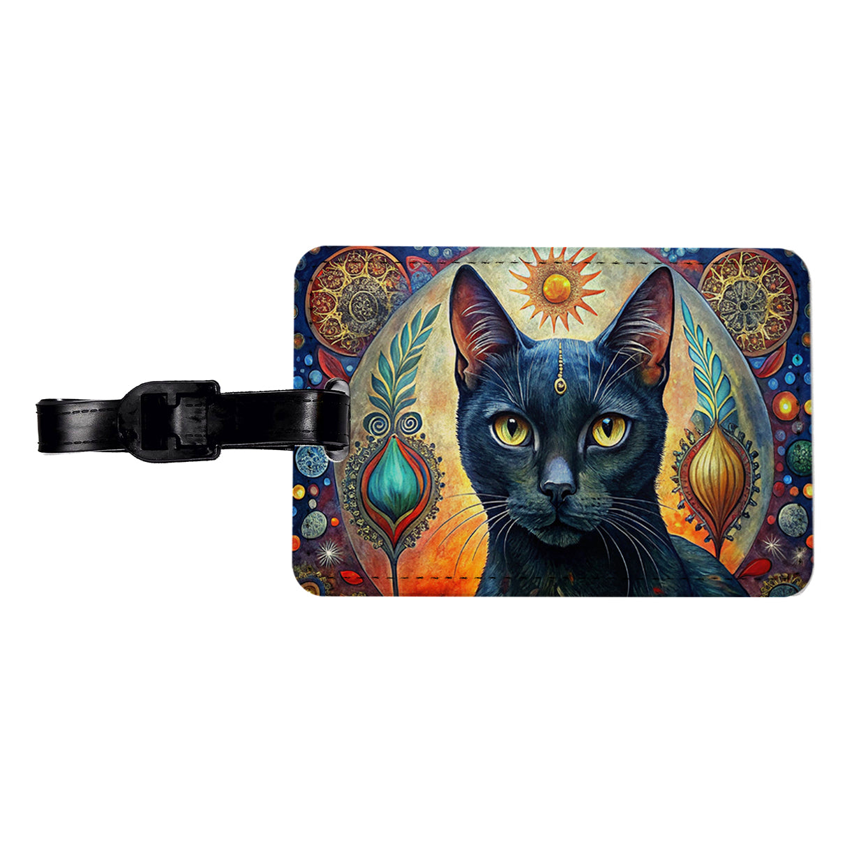 Black Cat Bohemian Art Travel Faux Leather Luggage Tag
