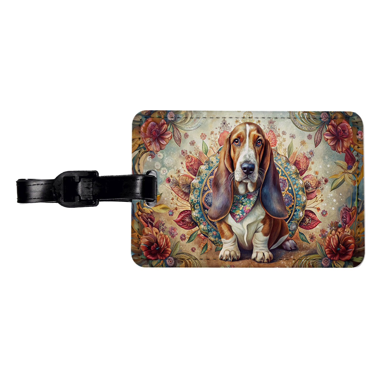 Basset Hound Dog French Bohemian Art Travel Faux Leather Luggage Tag