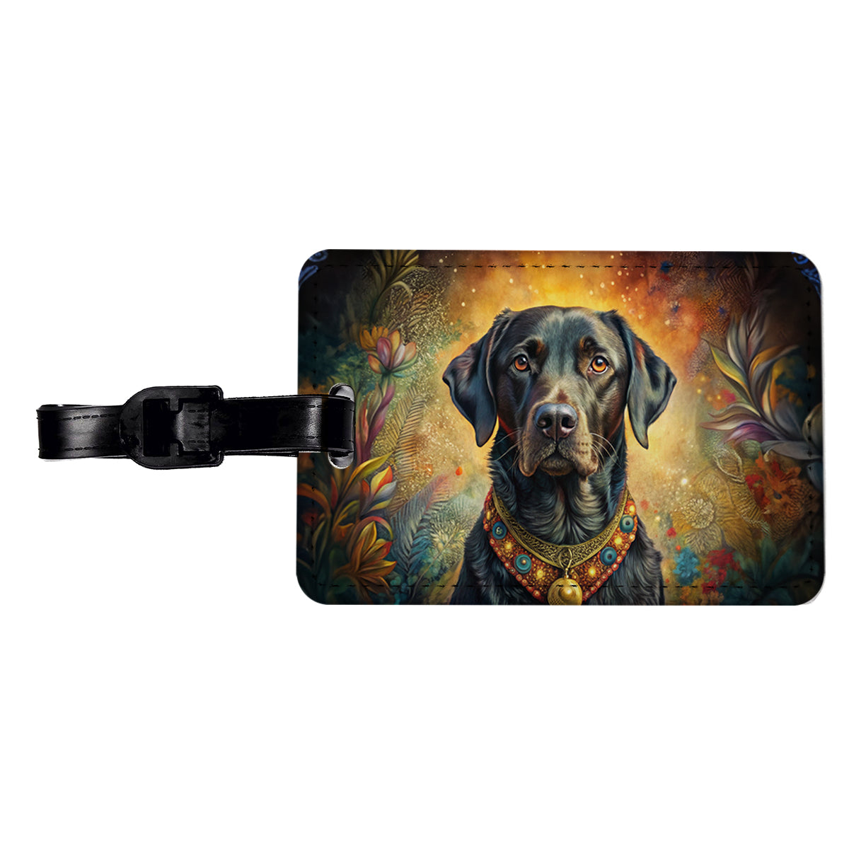Black Labrador Retriever Dog Bohemian Art Travel Faux Leather Luggage Tag