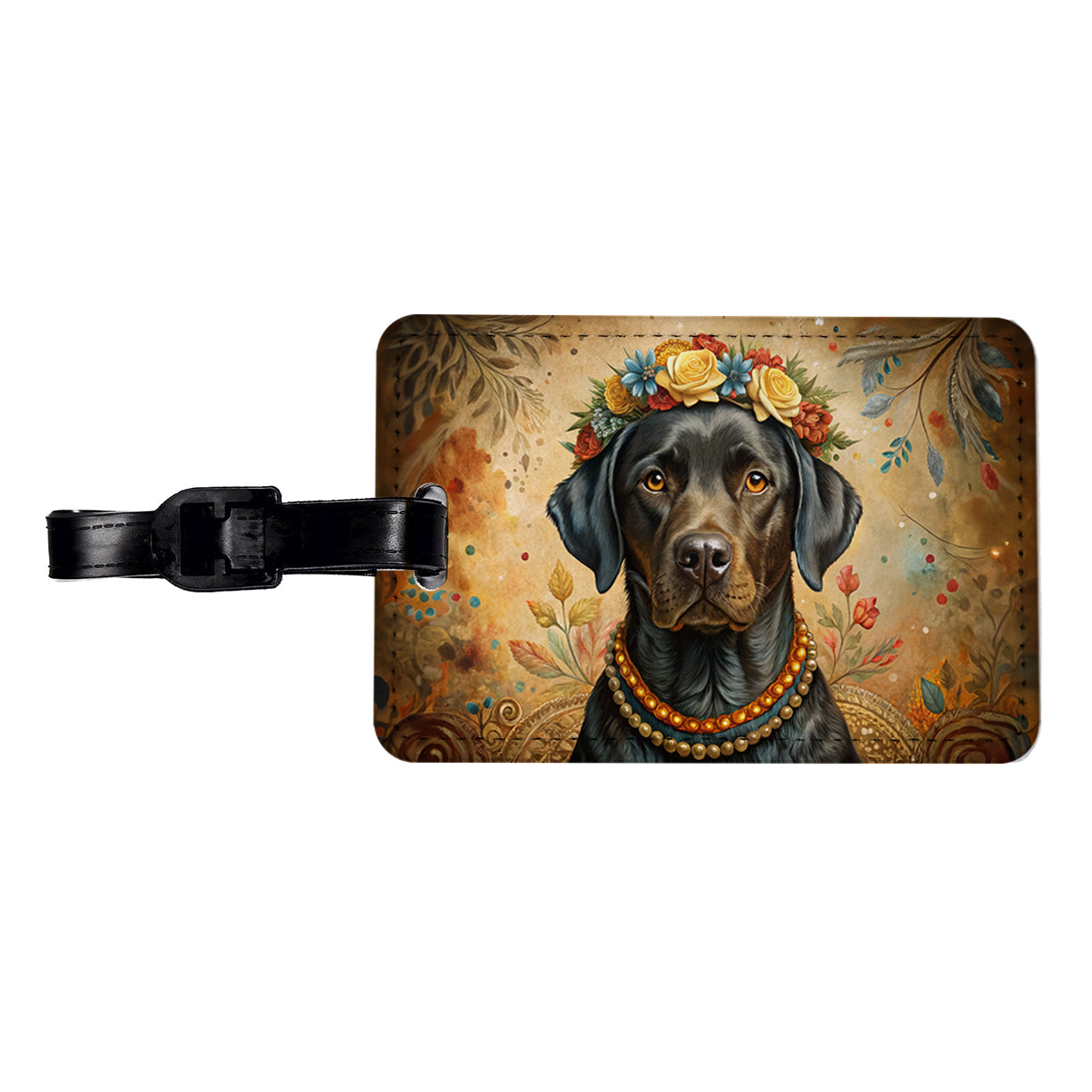 Black Labrador Retriever Dog French Bohemian Art Travel Faux Leather Luggage Tag