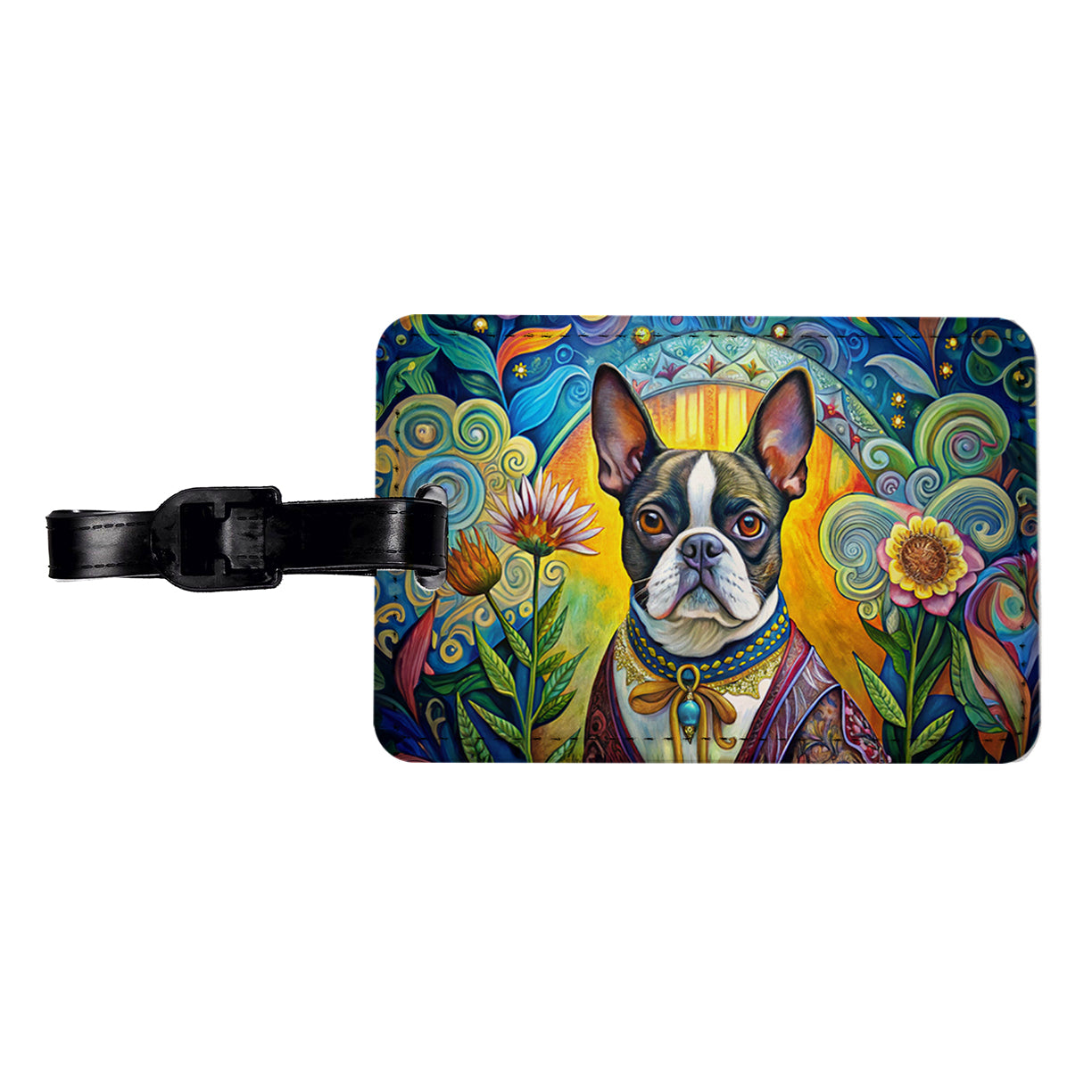 Boston Terrier Dog French Bohemian Art Travel Faux Leather Luggage Tag