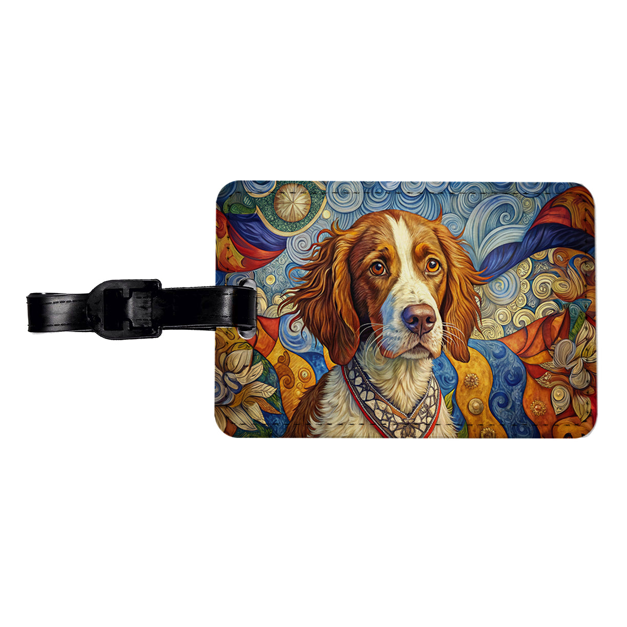 Brittany Spaniel Dog French Bohemian Art Travel Faux Leather Luggage Tag