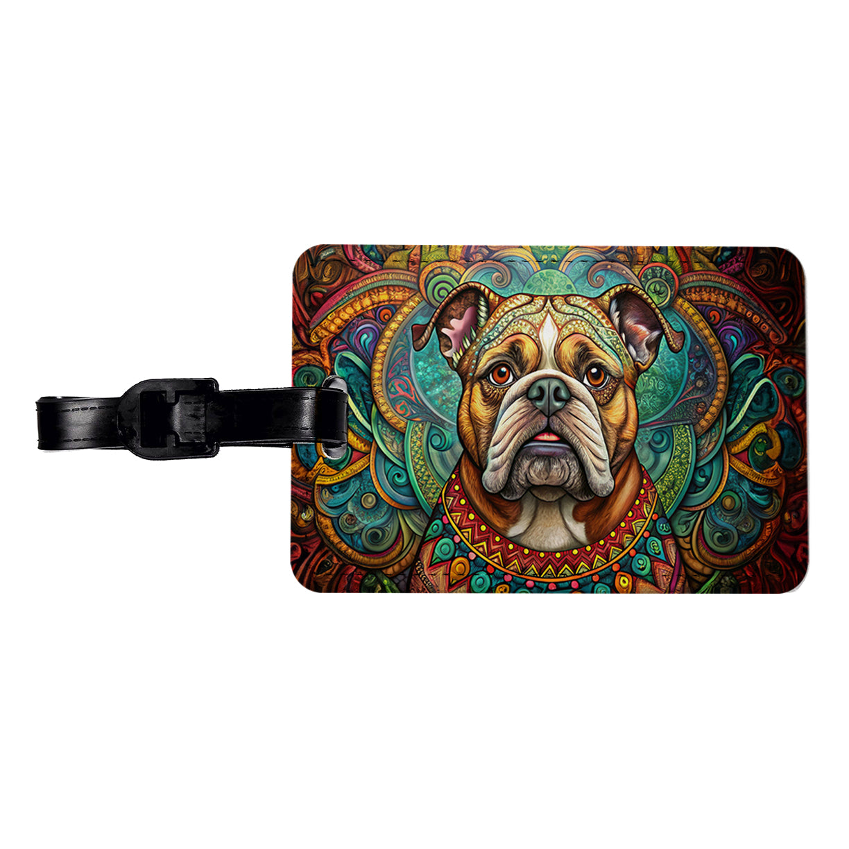 Bulldog Dog Bohemian Art Travel Faux Leather Luggage Tag
