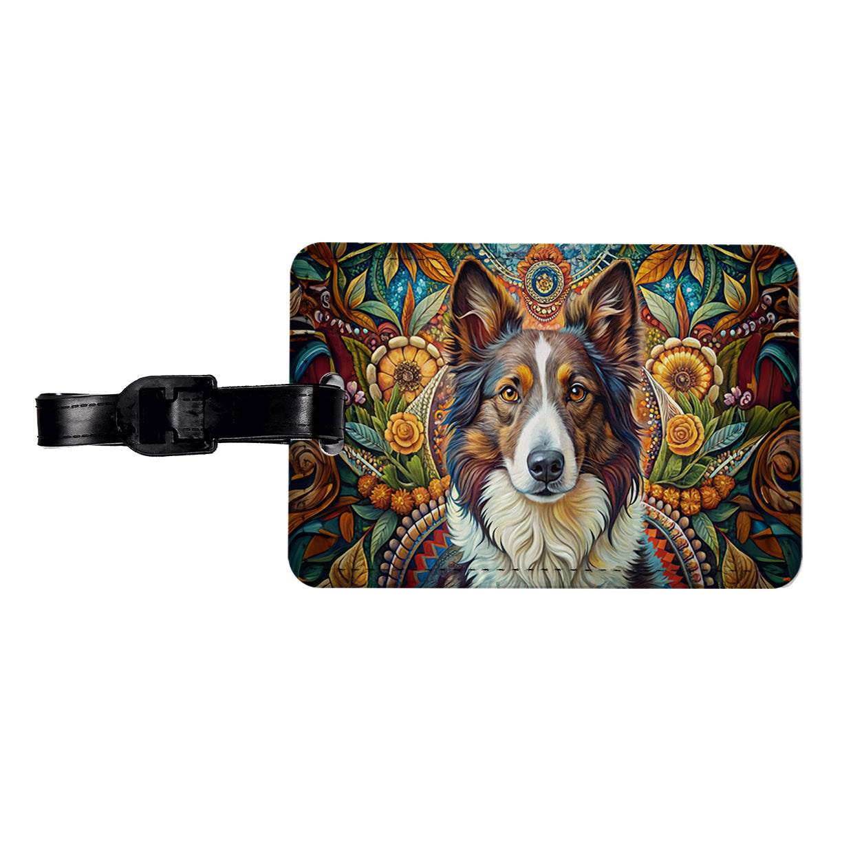 Collie Dog French Bohemian Art Travel Faux Leather Luggage Tag