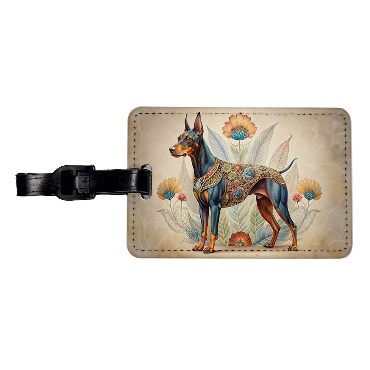 Doberman Pinscher Dog French Bohemian Art Travel Faux Leather Luggage Tag