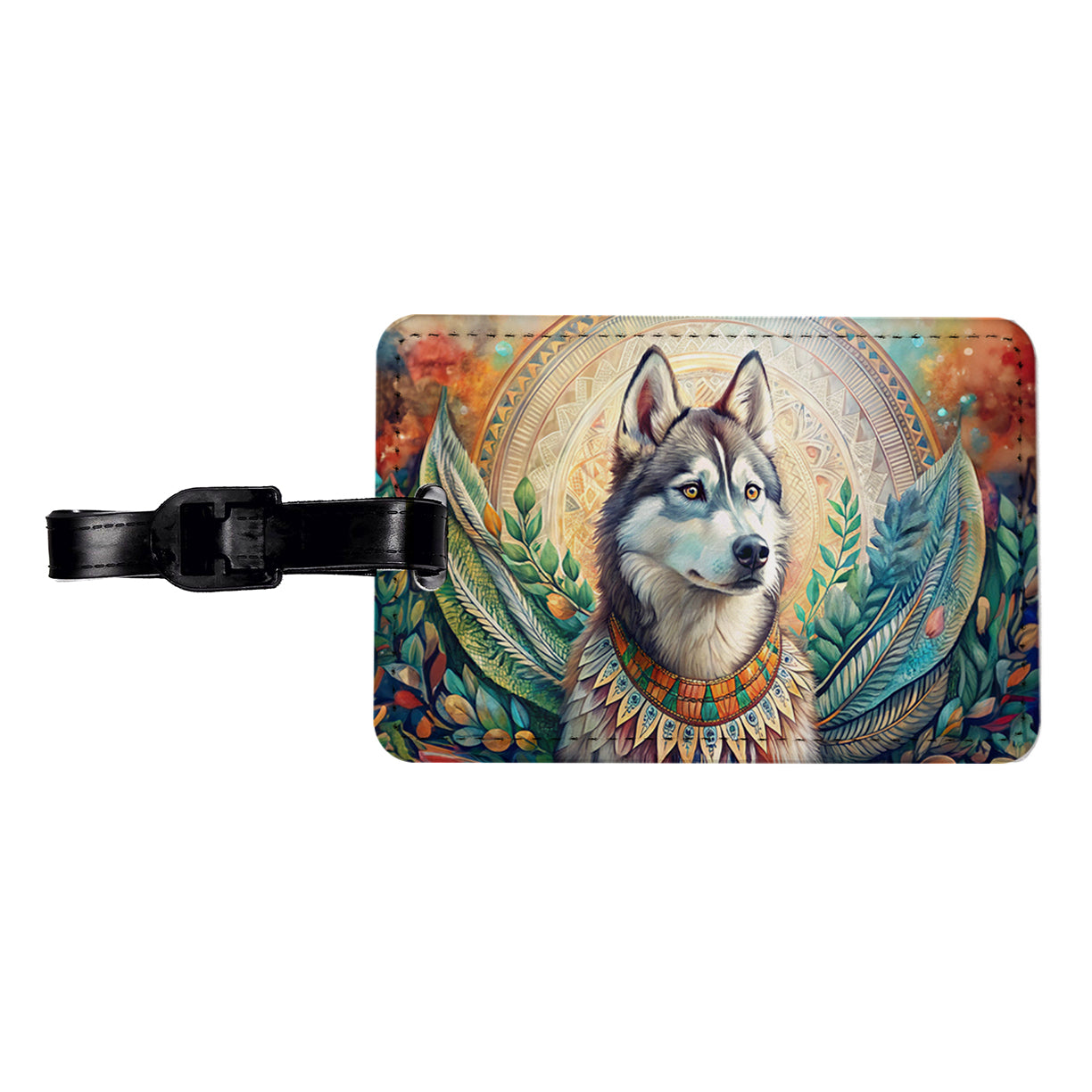Siberian Husky Dog French Bohemian Art Travel Faux Leather Luggage Tag