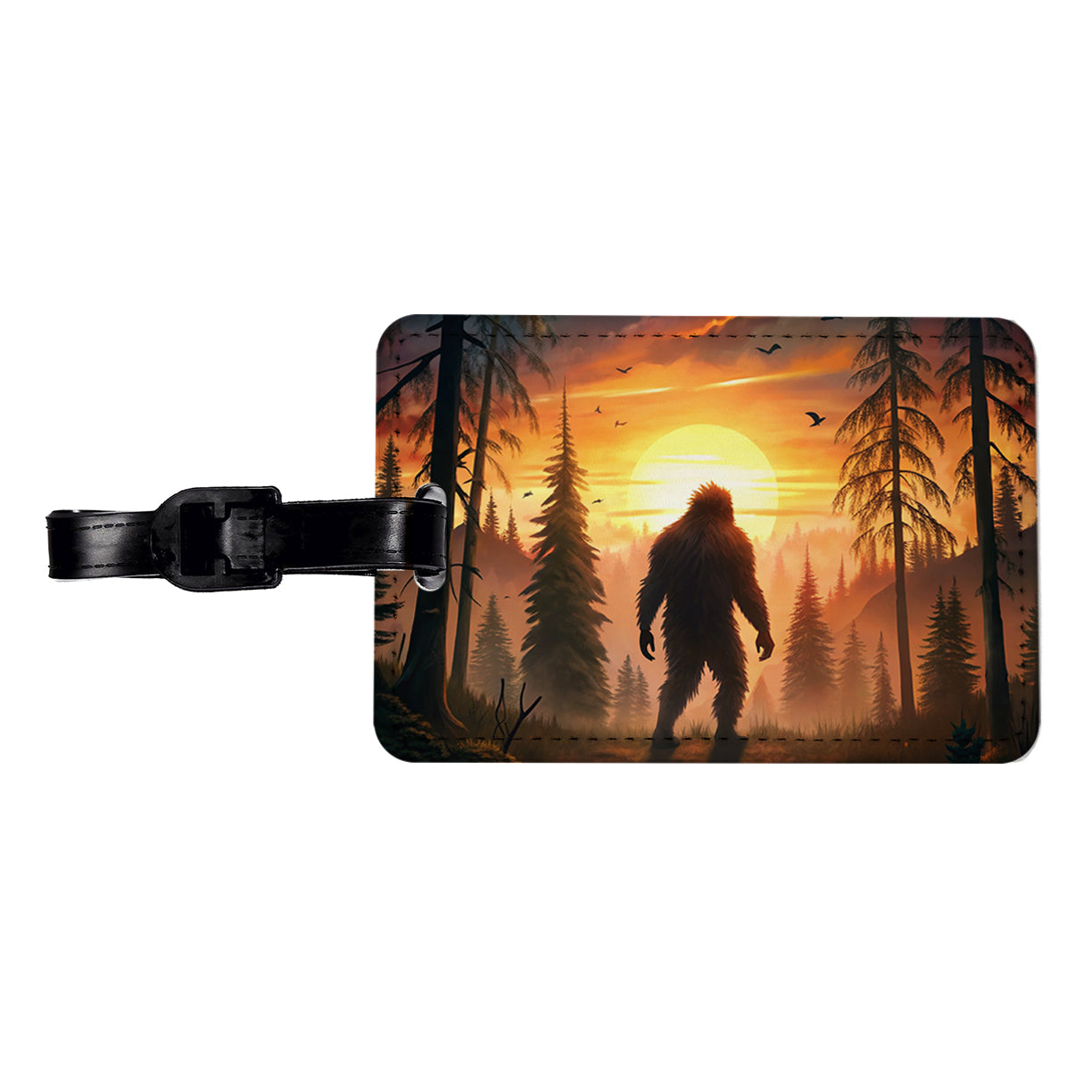 Bigfoot Walking In The Woods At Sunset Travel Faux Leather Luggage Tag