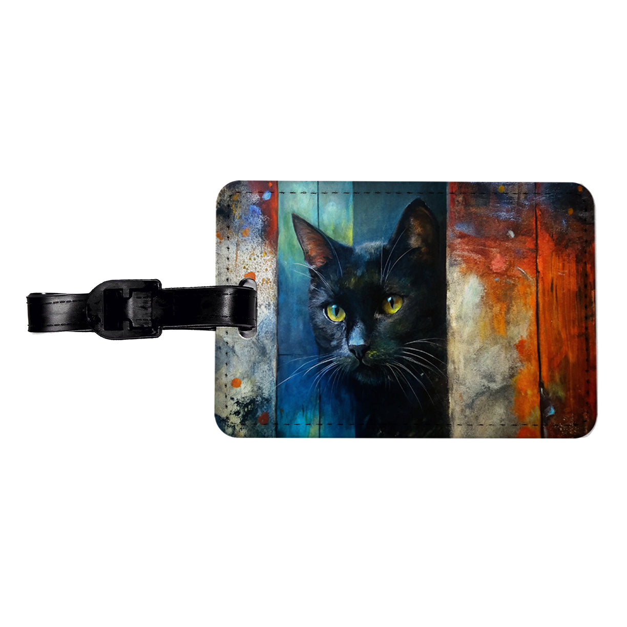 Black Cat Peaking Behind Door Abstract Art Travel Faux Leather Luggage Tag