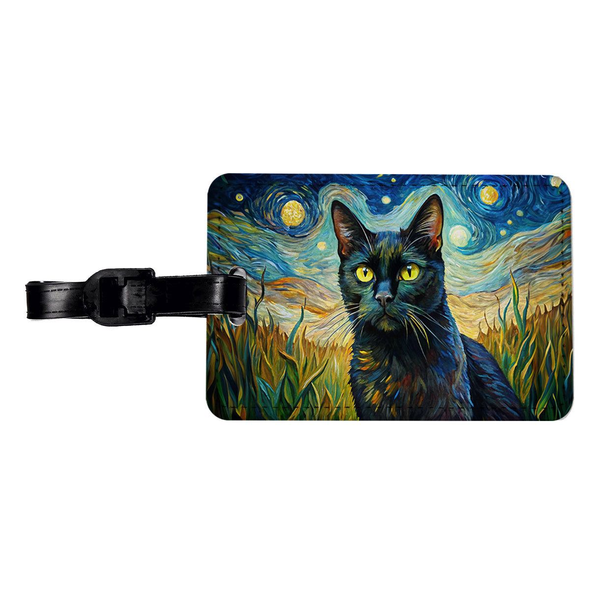 Black Cat Van Gogh Style Painting Travel Faux Leather Luggage Tag