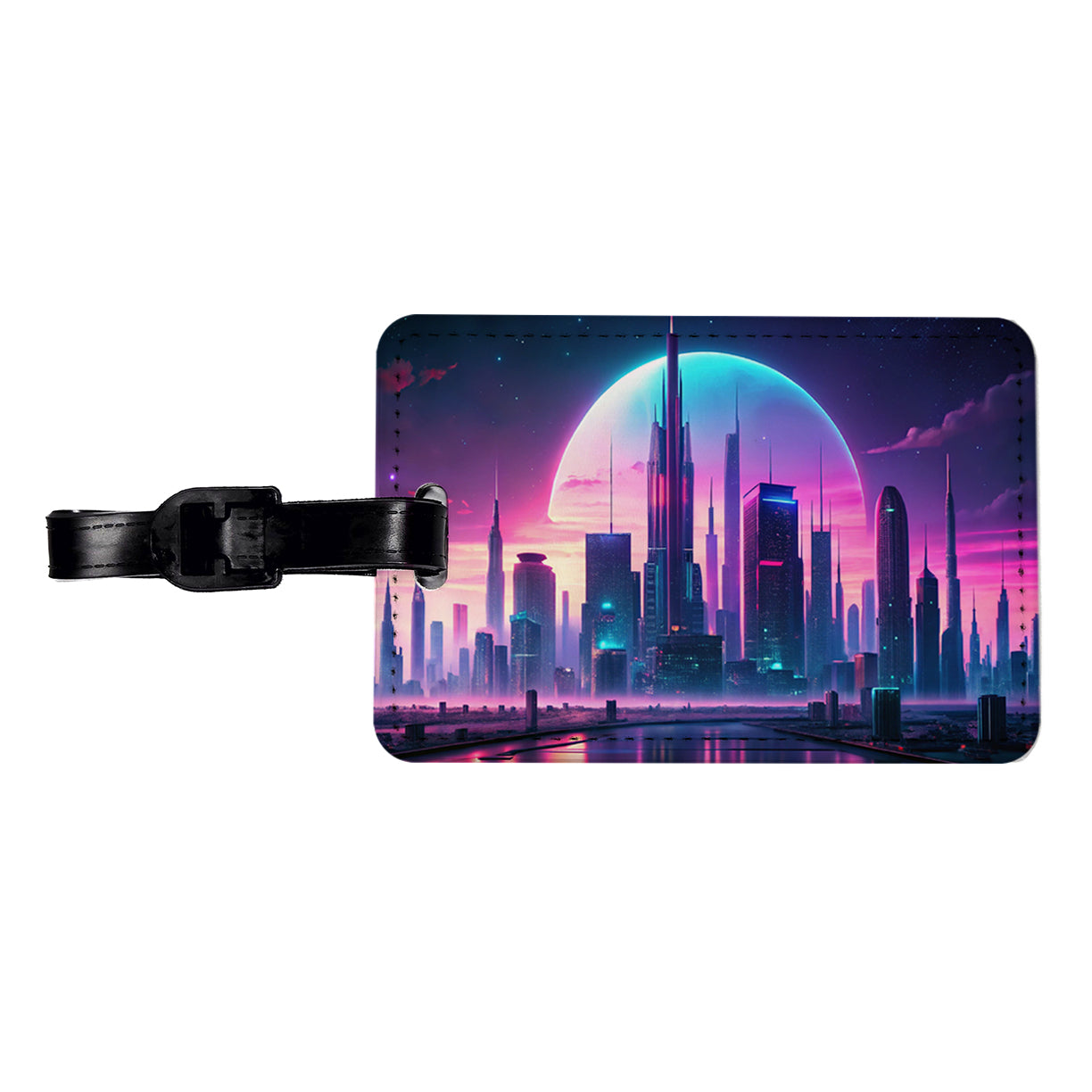 Purple Neon Sci-fi City Horizon Travel Faux Leather Luggage Tag