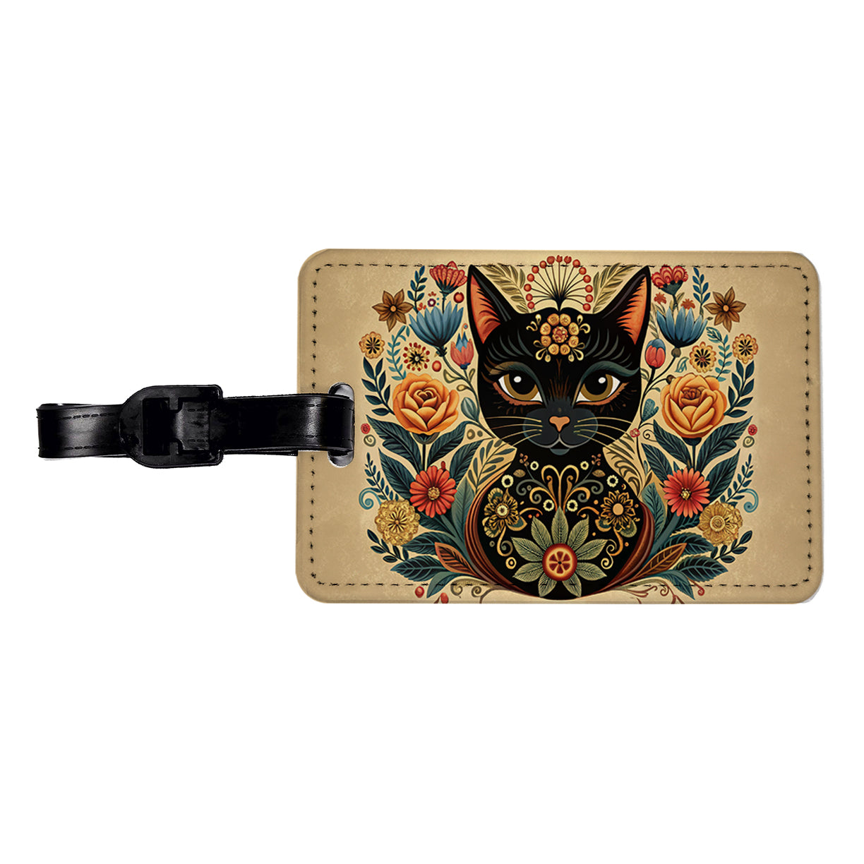 Stylized Black Cat Floral Design Travel Faux Leather Luggage Tag