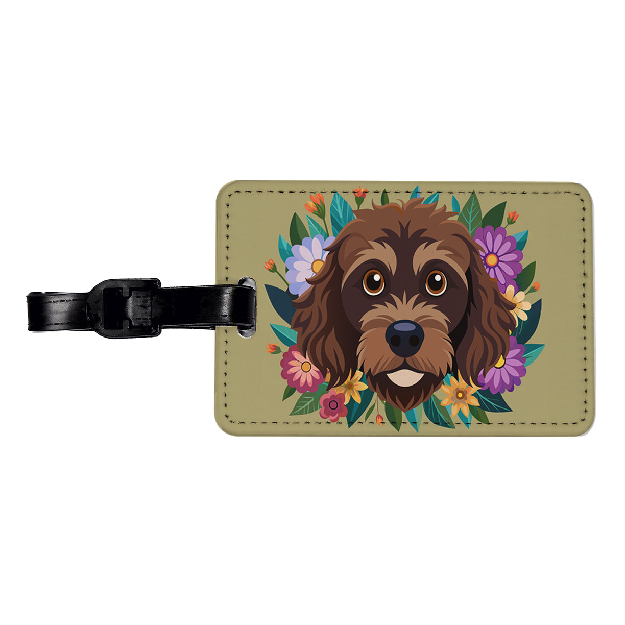 Brown Labradoodle Head Floral Motif Dog Cute Travel Faux Leather Luggage Tag