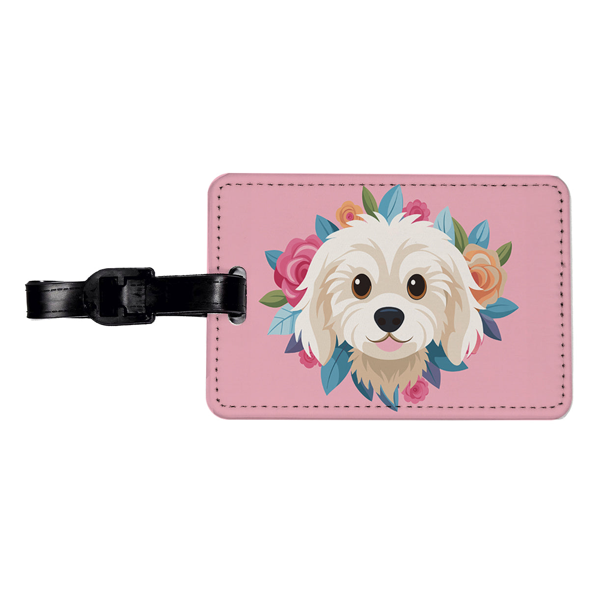 Cavachon Head Dog Floral Motif Pink Background Travel Faux Leather Luggage Tag