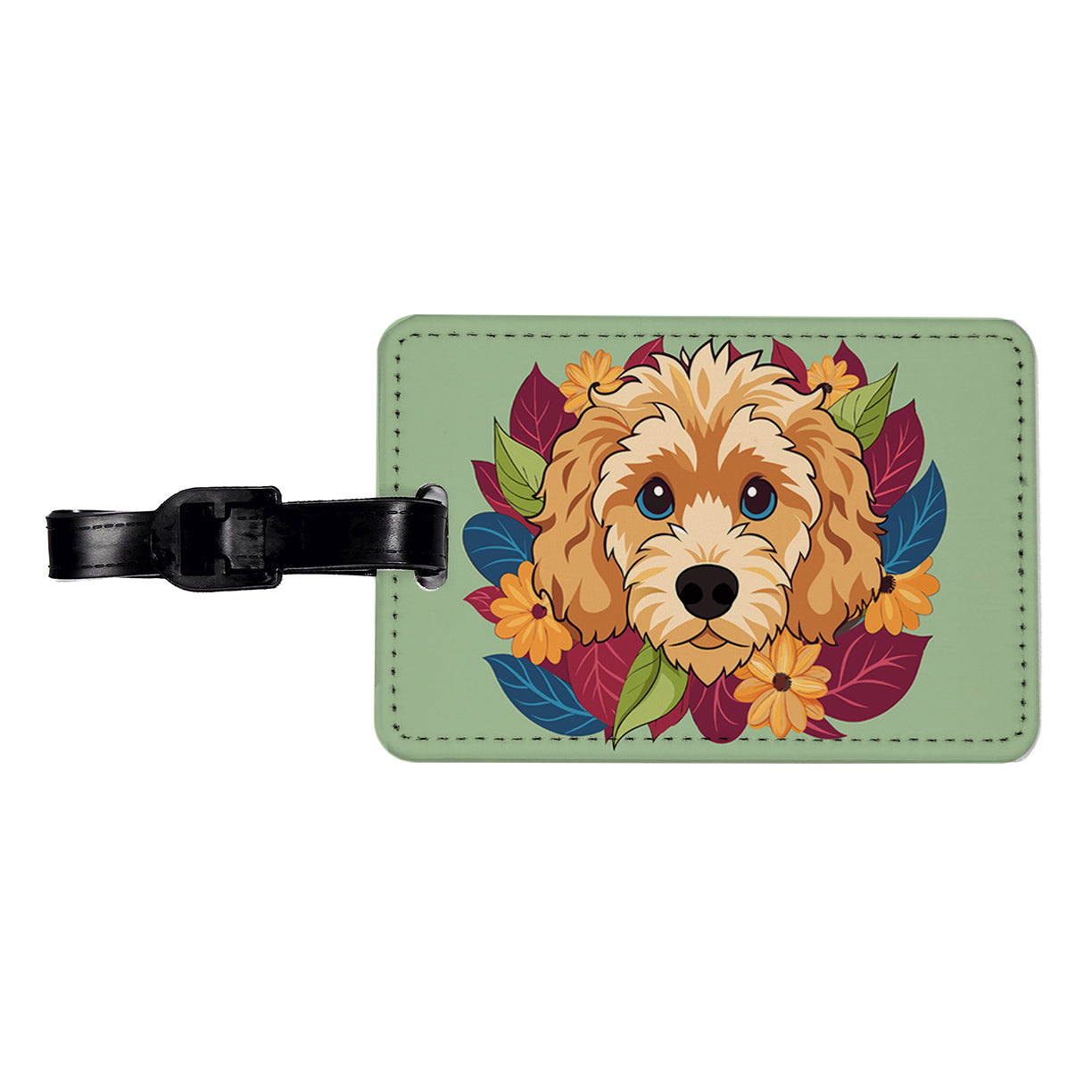 Cavapoo Head Floral Motif Dog Travel Faux Leather Luggage Tag