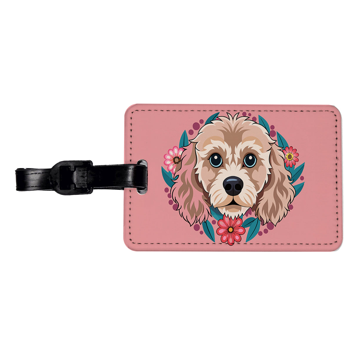 Cavapoo Head Floral Motif Pink Dog Travel Faux Leather Luggage Tag