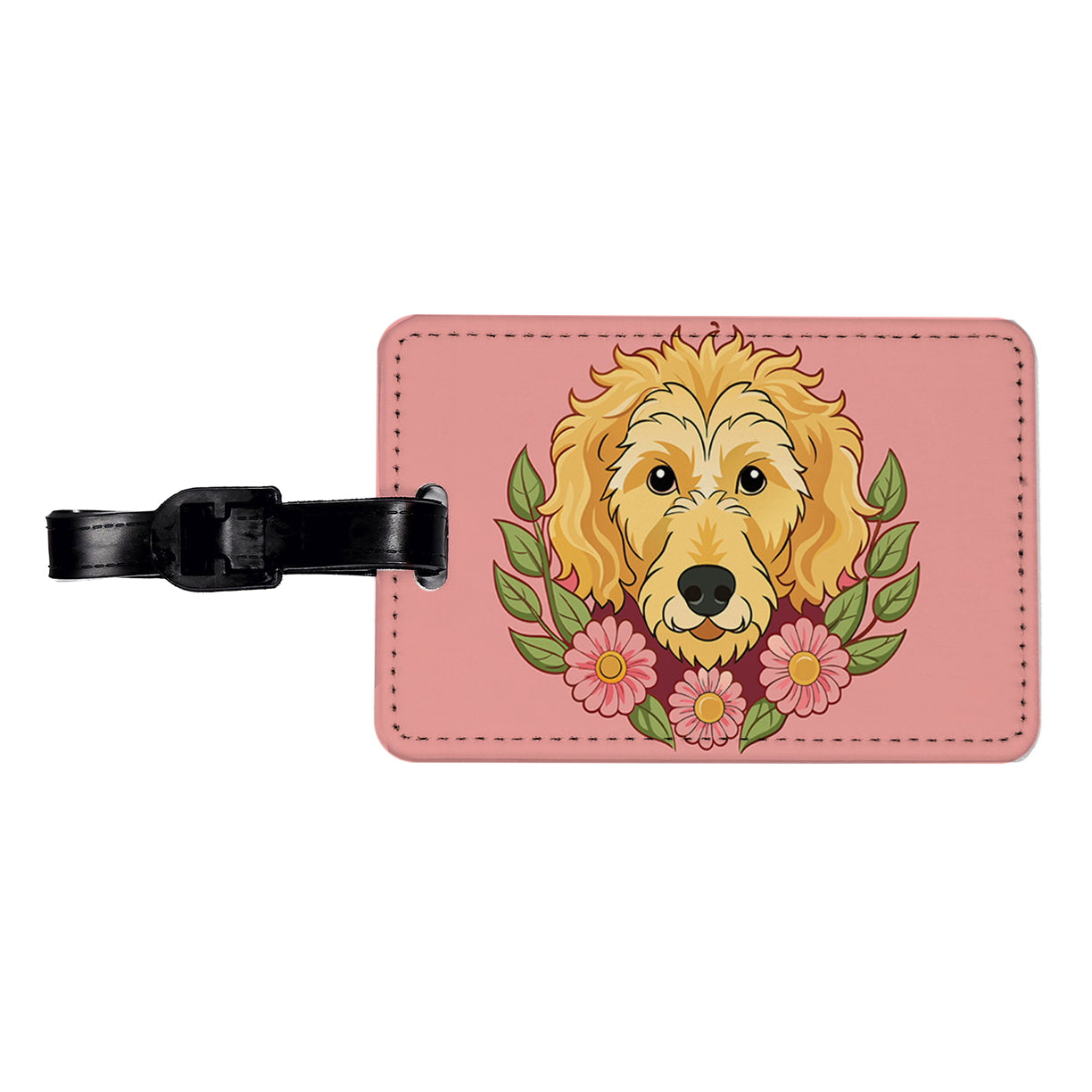 Golden Doodle Head Floral Motif Pink Dog Travel Faux Leather Luggage Tag