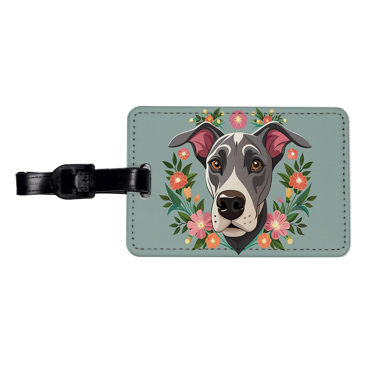 Great Dane Head Floral Motif Gray Dog Travel Faux Leather Luggage Tag