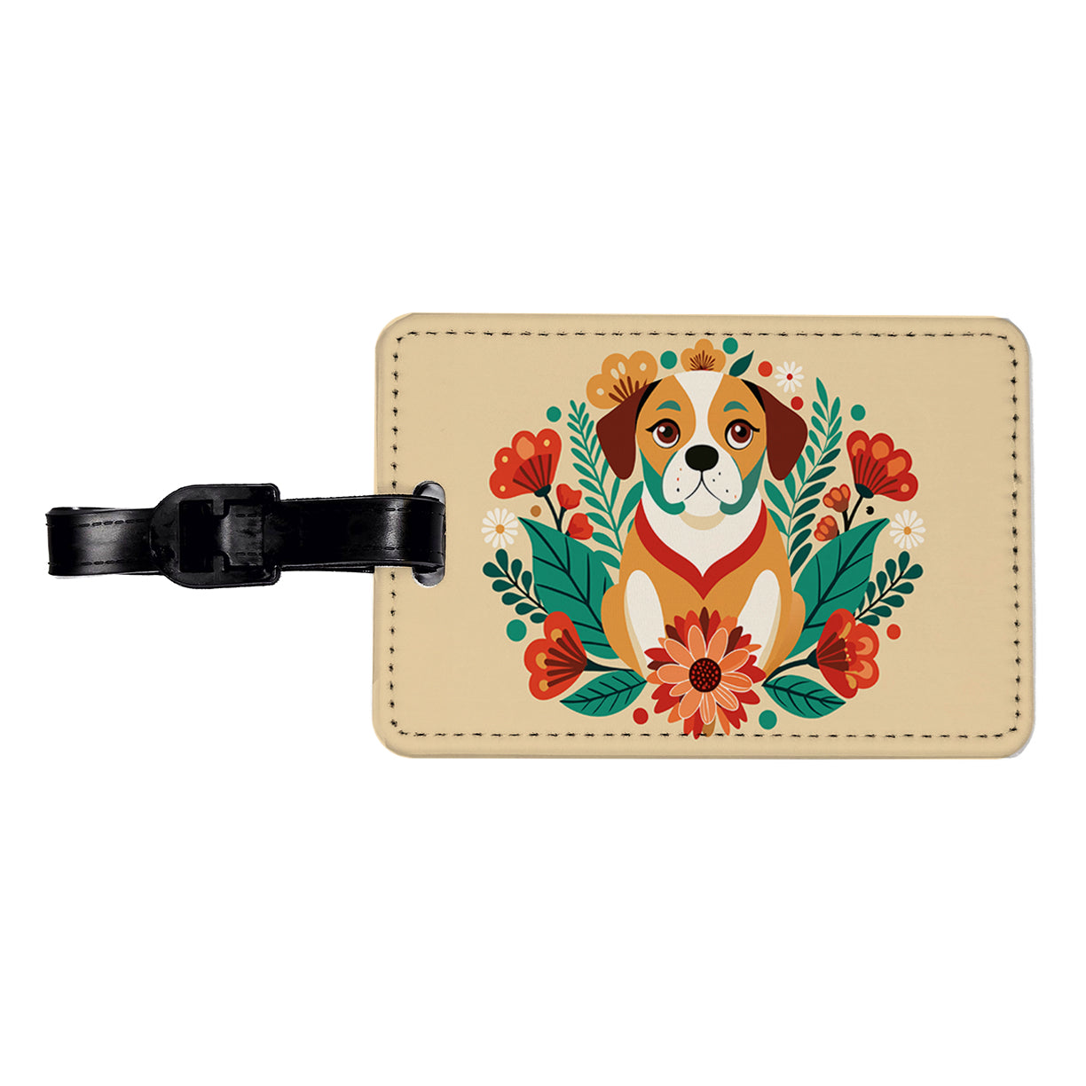 Puggle Floral Motif Dog Travel Faux Leather Luggage Tag