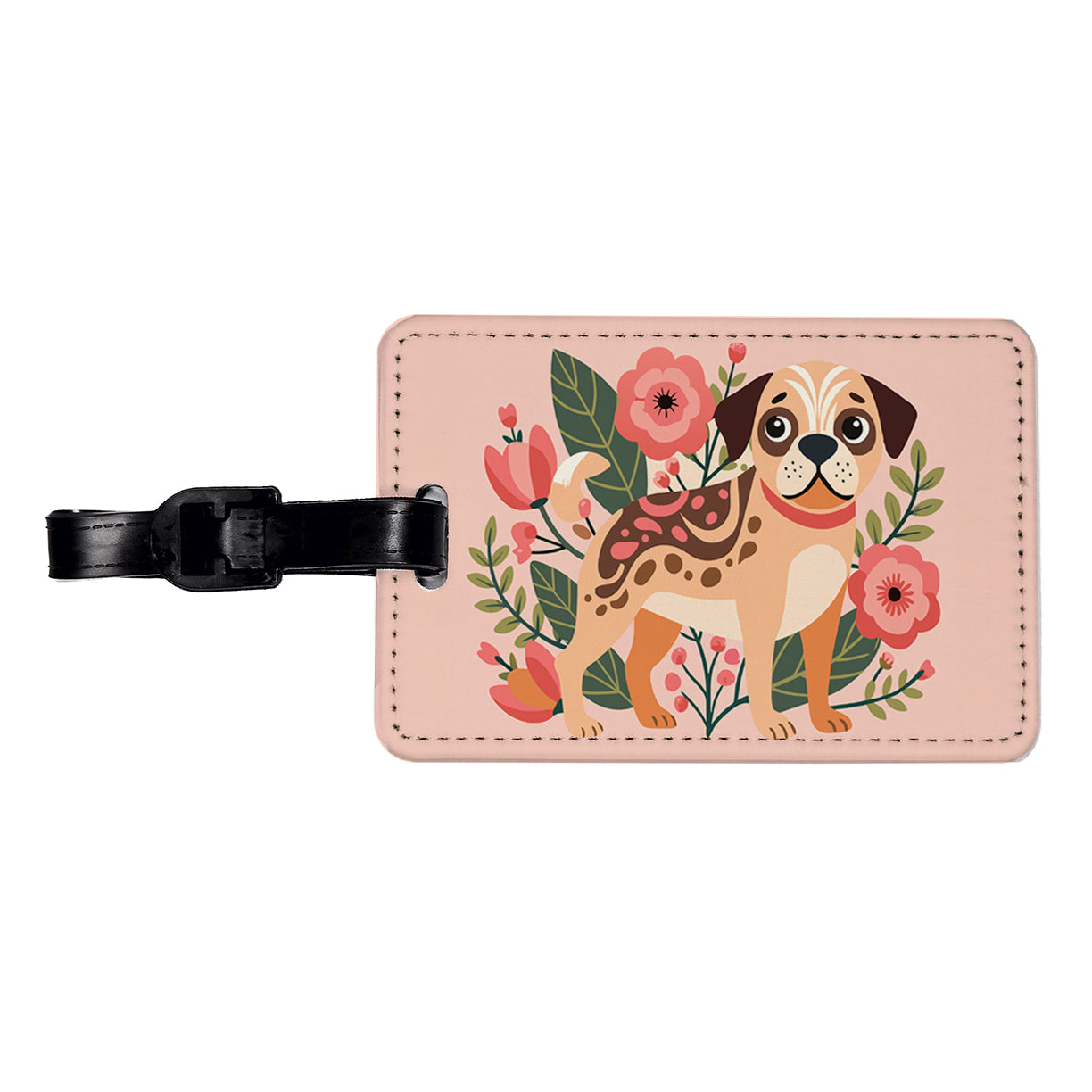 Puggle Floral Motif Pink Dog Travel Faux Leather Luggage Tag