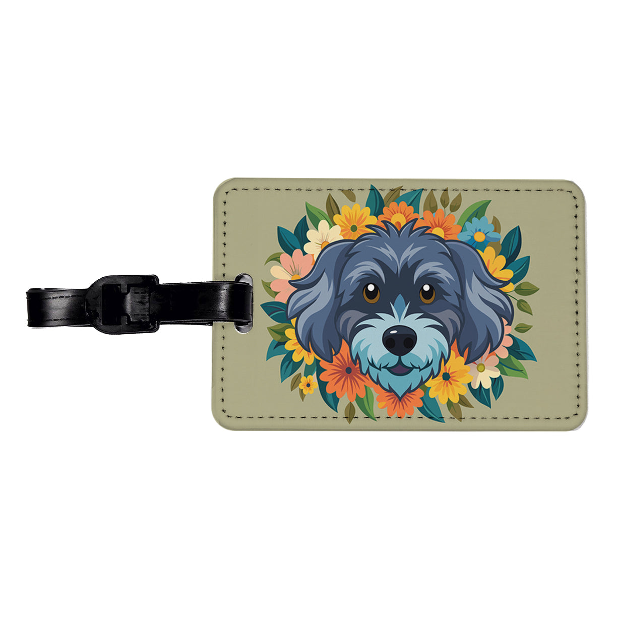 Schnoodle Head Floral Motif Dog Travel Faux Leather Luggage Tag