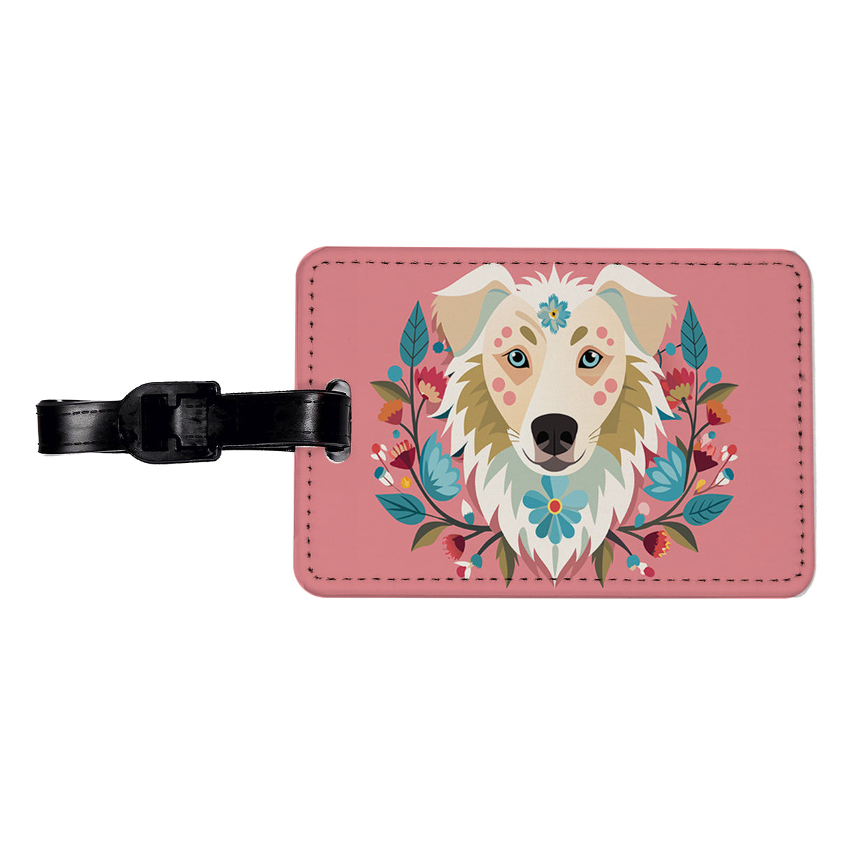 Siberian Retriever Head Floral Motif Pink Dog Travel Faux Leather Luggage Tag