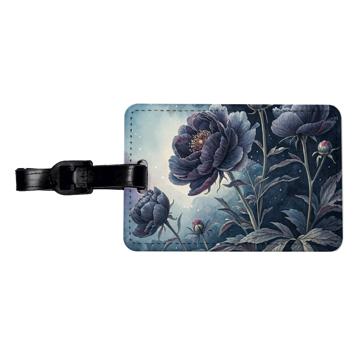 Black Peony Flowers Travel Faux Leather Luggage Tag